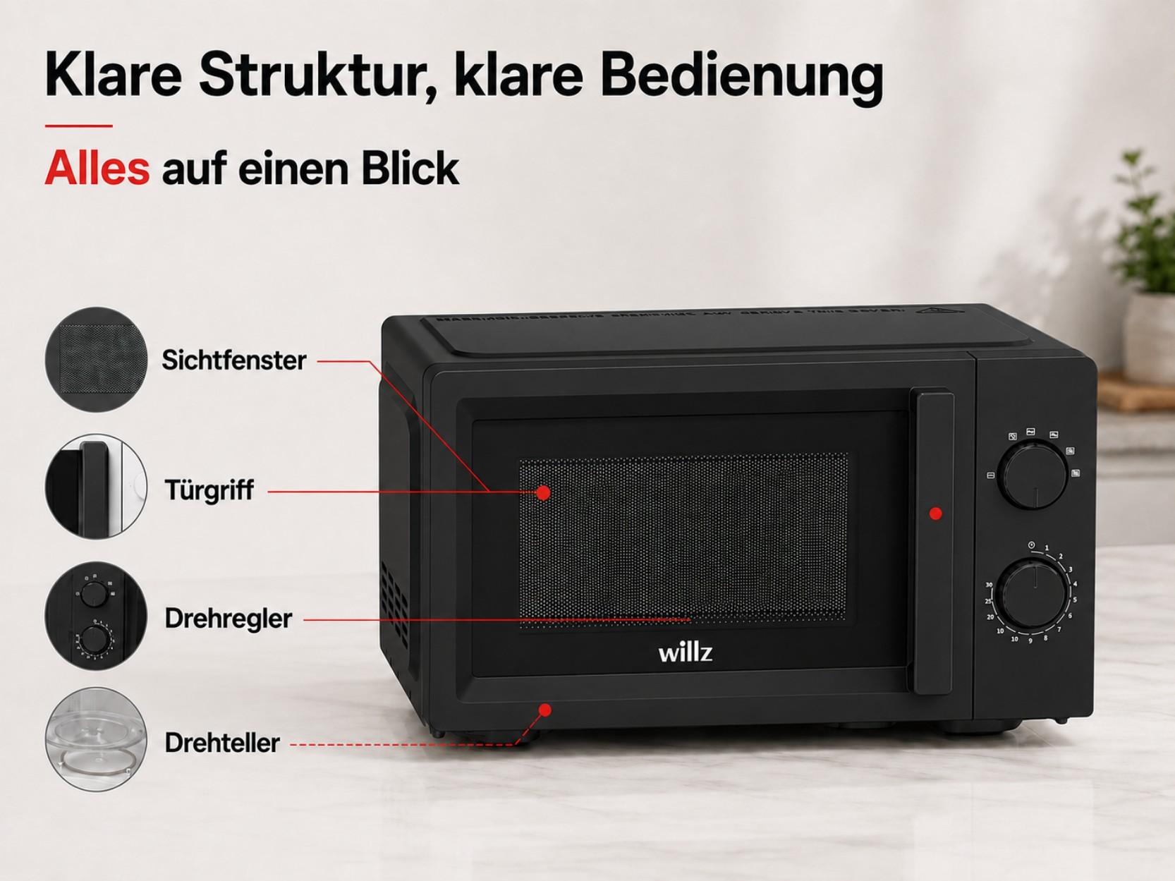 Schwarze Mikrowelle mit Sichtfenster, Türgriff und zwei Drehreglern.