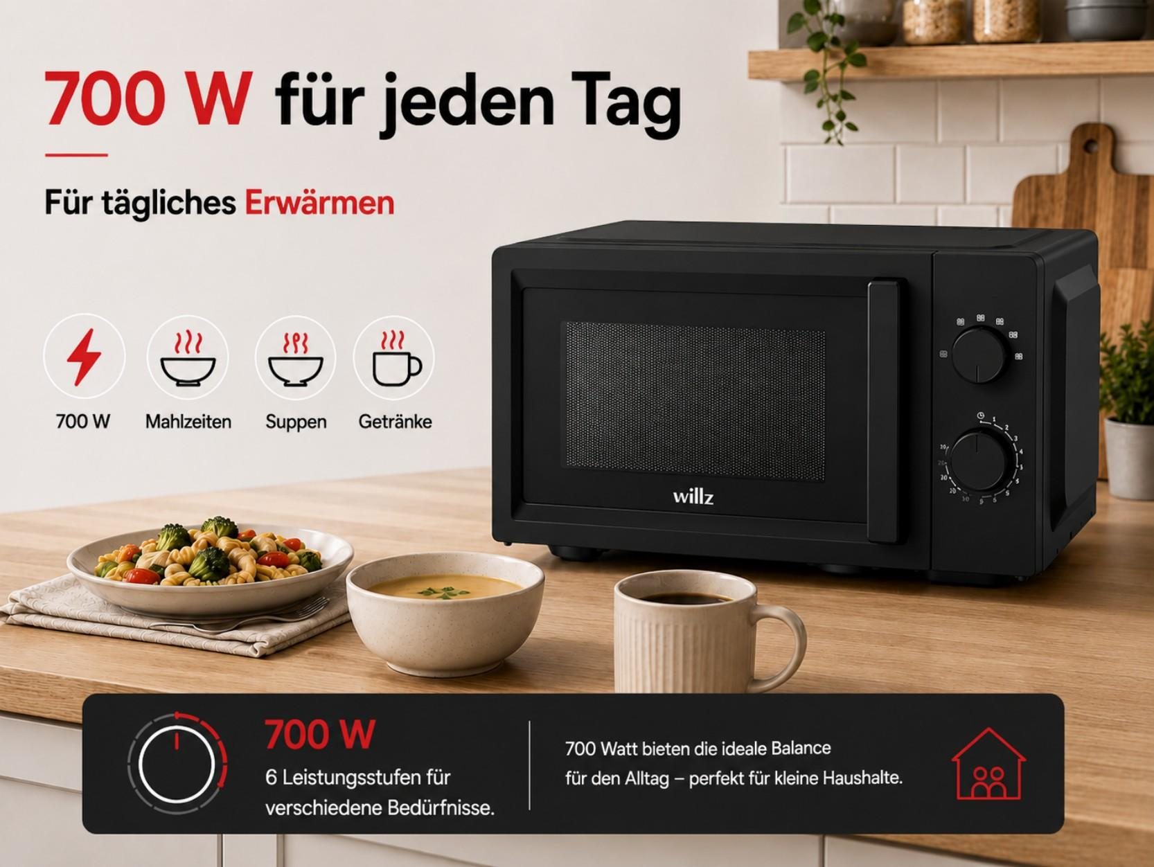 Schwarze Mikrowelle mit Essen und Kaffee auf einer Arbeitsplatte, 700W.