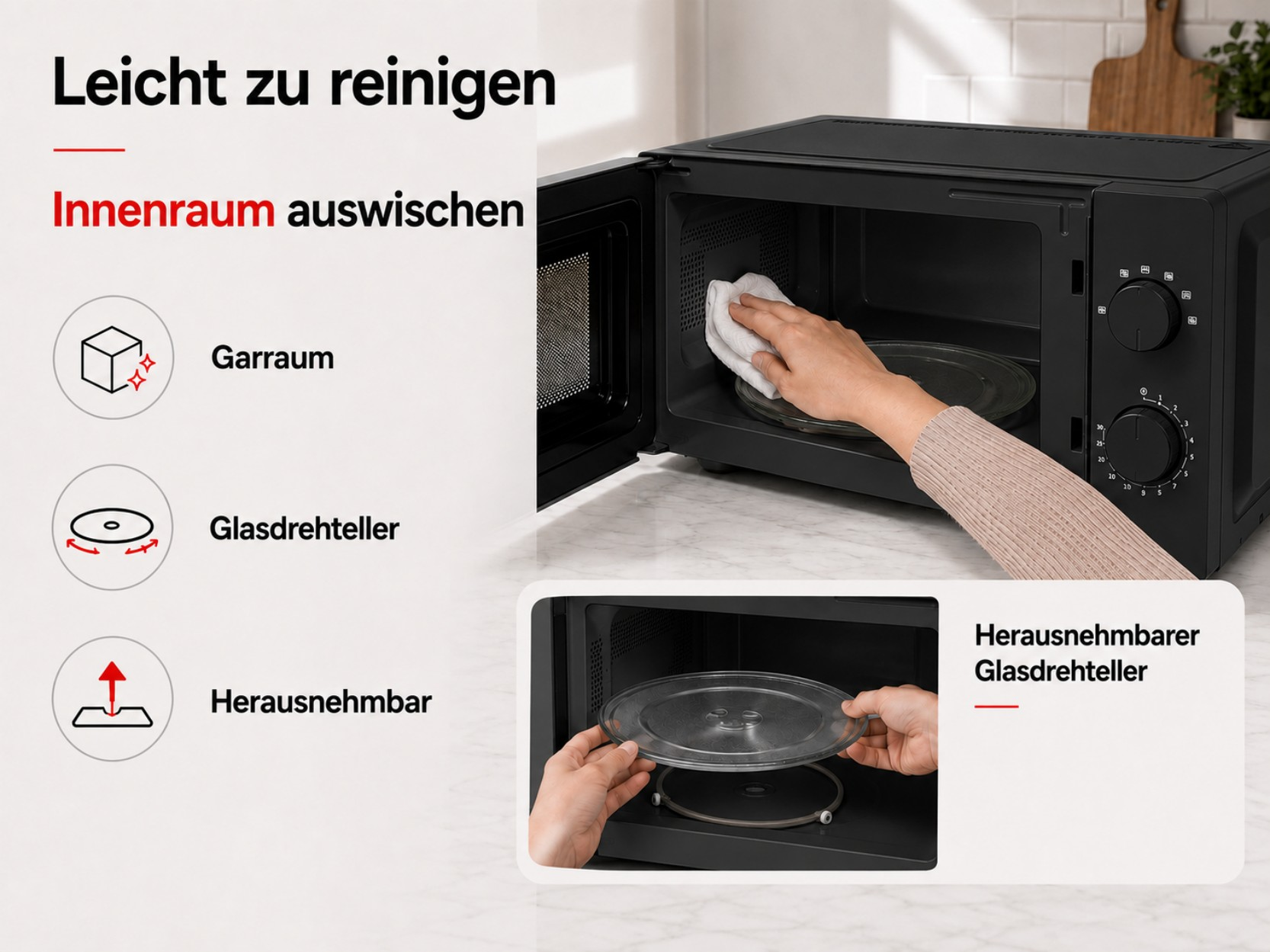 Schwarze Mikrowelle mit offenem Fach und Hand, die sie mit einem Tuch reinigt.