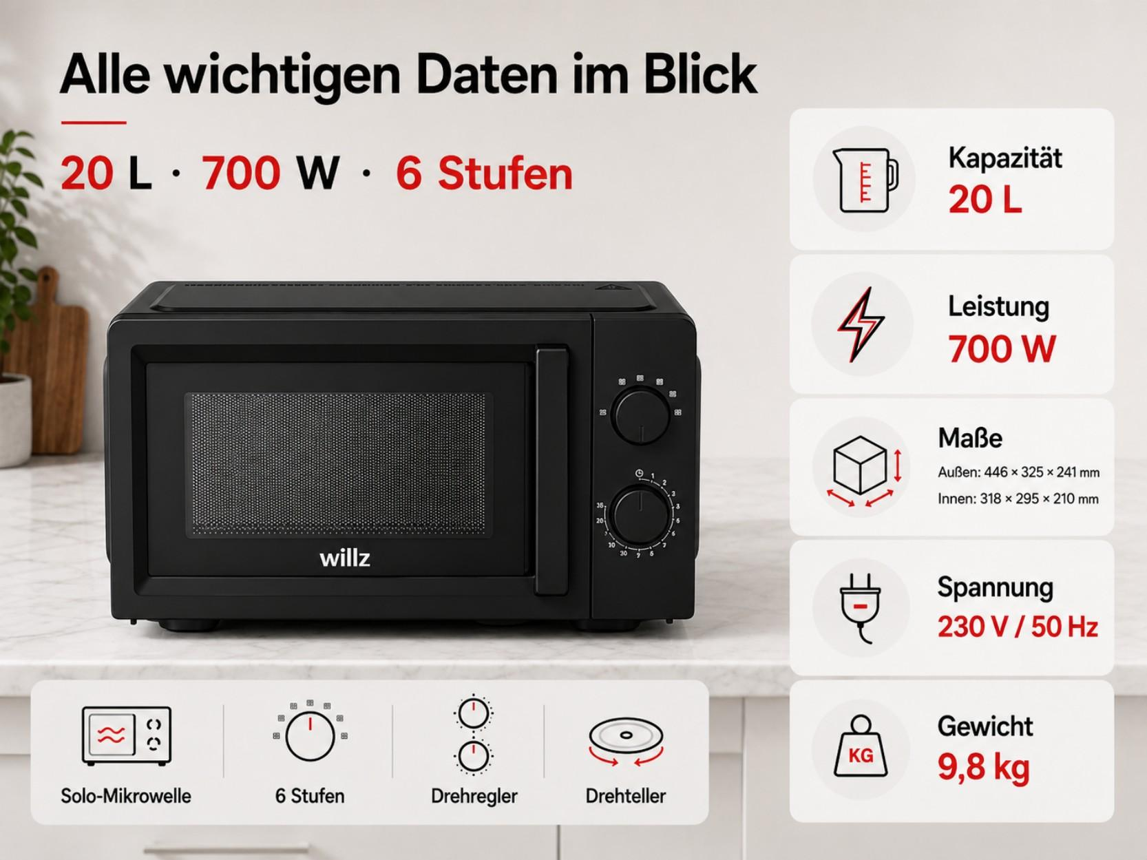Schwarze Mikrowelle mit Details: 20 L, 700 W, 6 Stufen, Maße, Spannung, Gewicht.