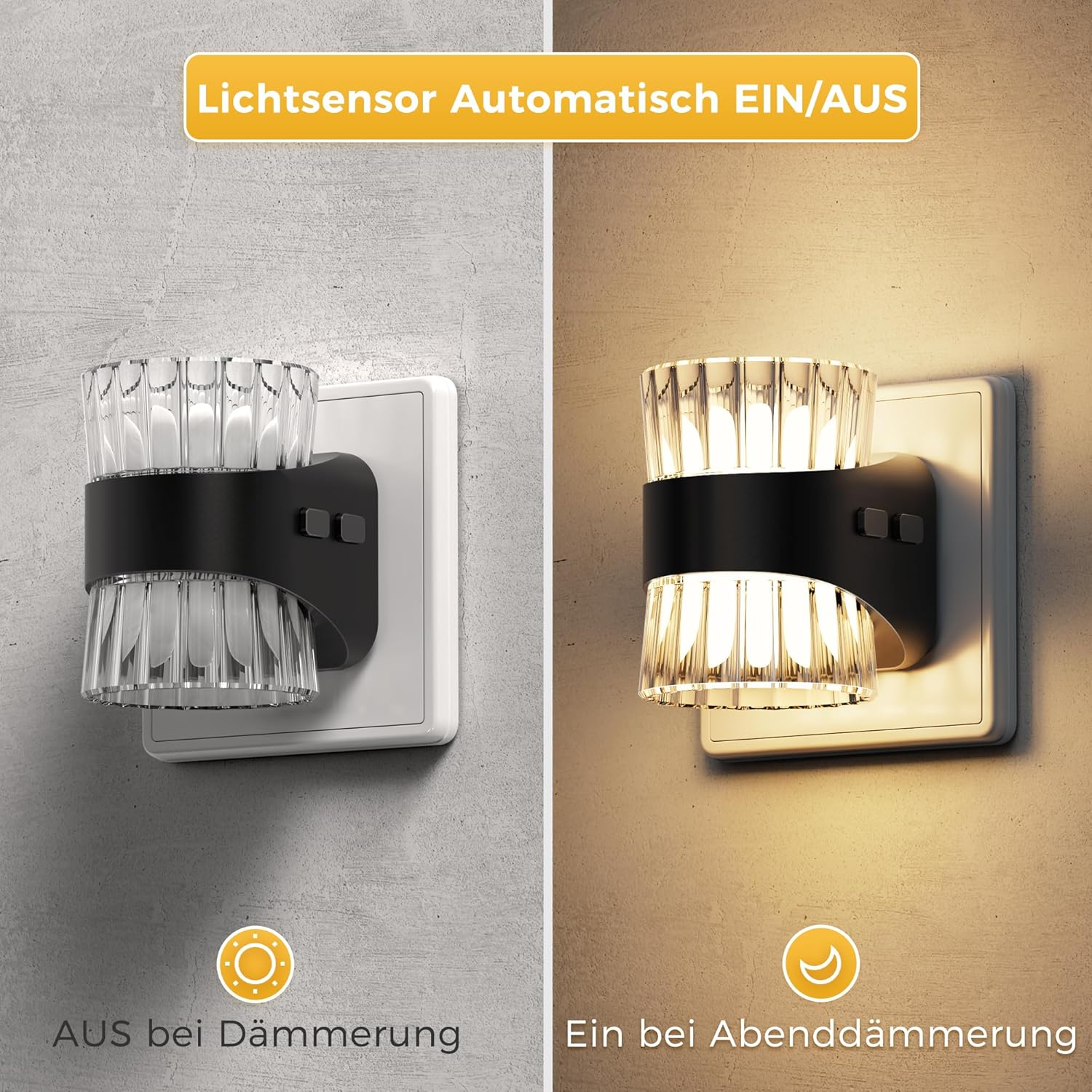 Ein weißer Nachtlicht-Stecker mit Kristall-Lampenschirm, einmal aus, einmal an.