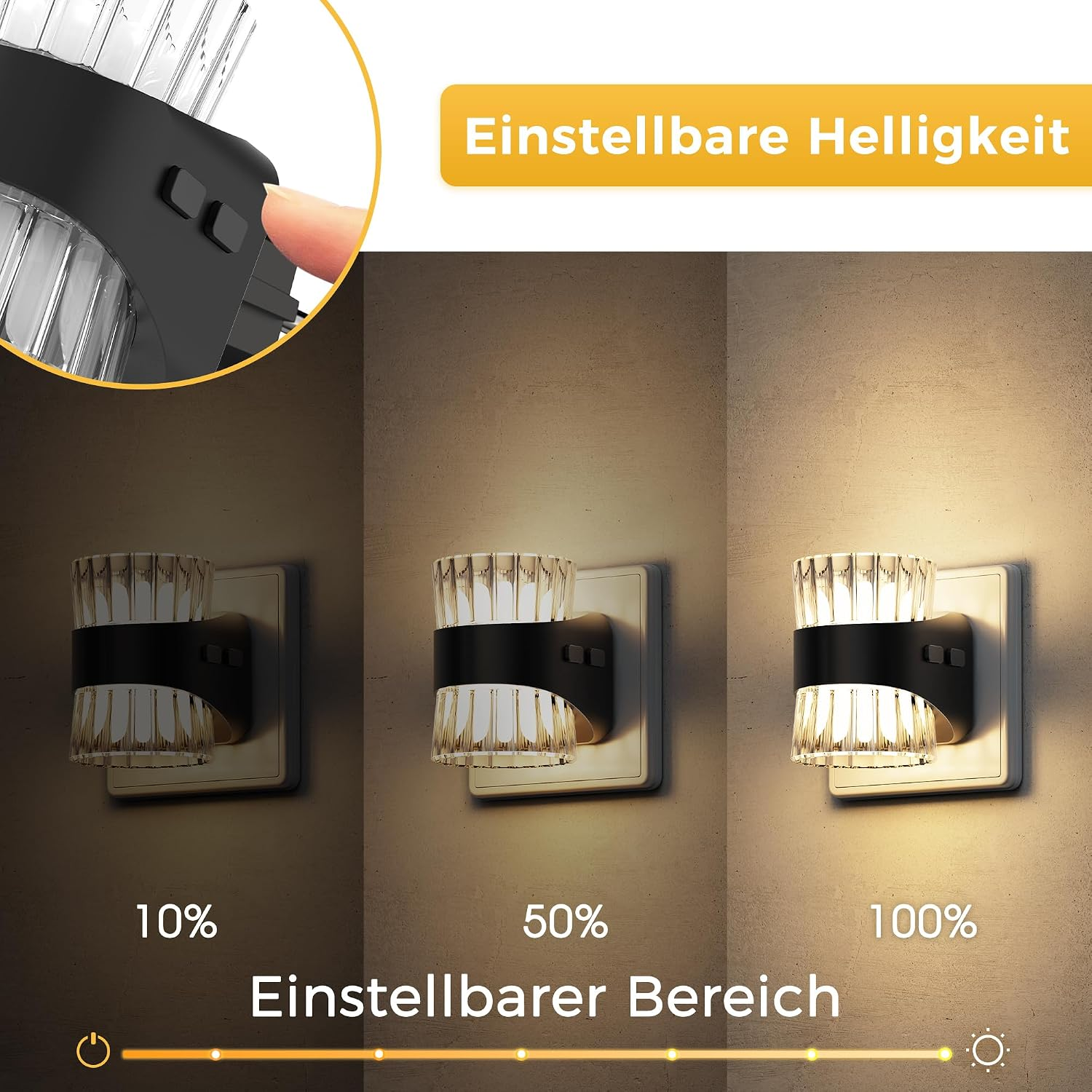 Wandleuchte mit einstellbarer Helligkeit in drei Stufen: 10%, 50%, 100%.