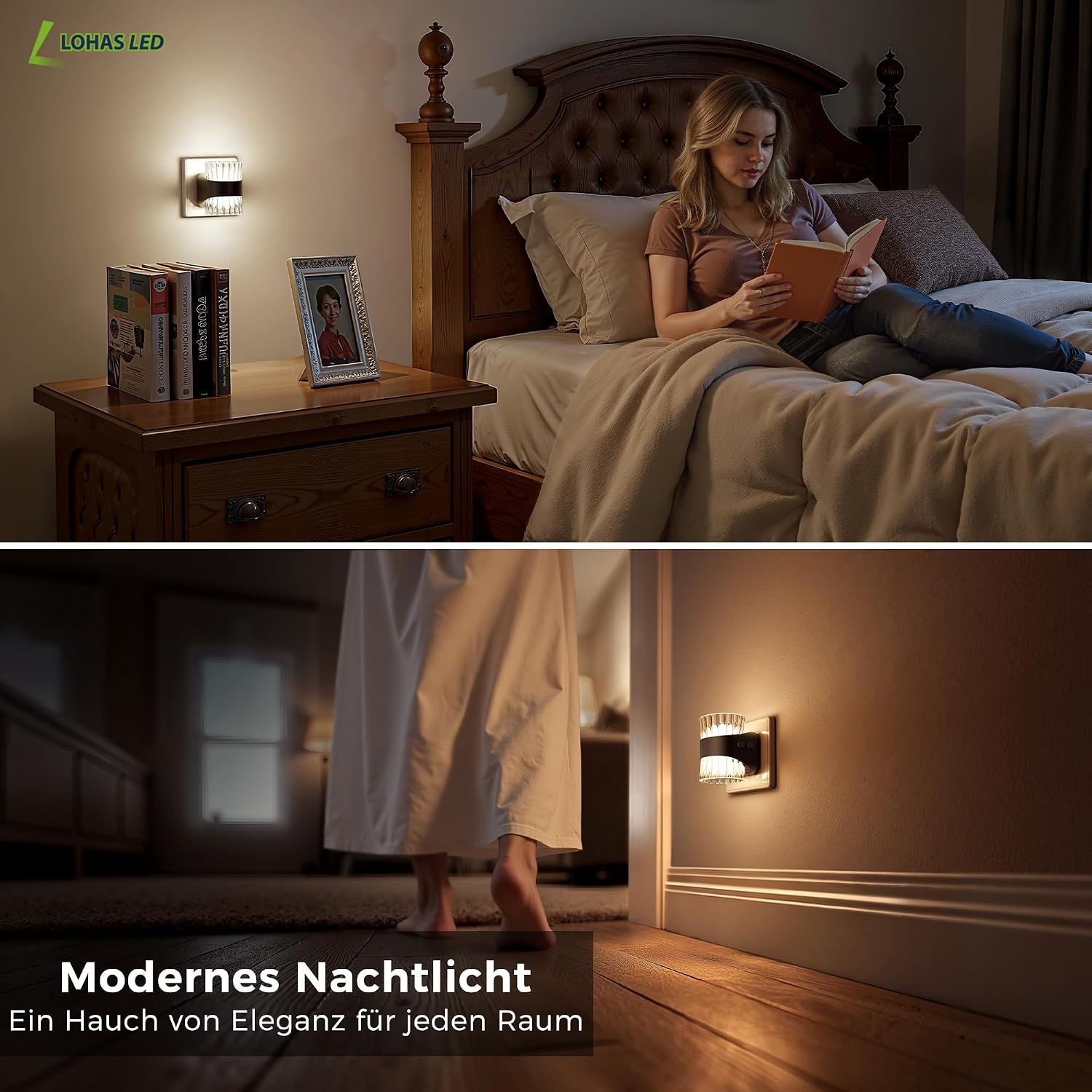 Ein Bett, Nachttisch mit Büchern und Lampe, Frau liest Buch.
