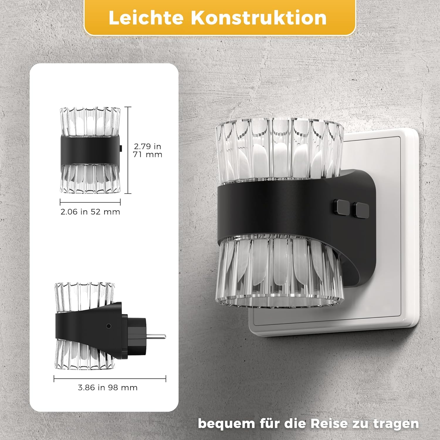 Ein Nachtlicht mit klarer, geriffelter Abdeckung und schwarzem Sockel, das Abmessungen zeigt und in eine weiße Steckdose gesteckt ist.