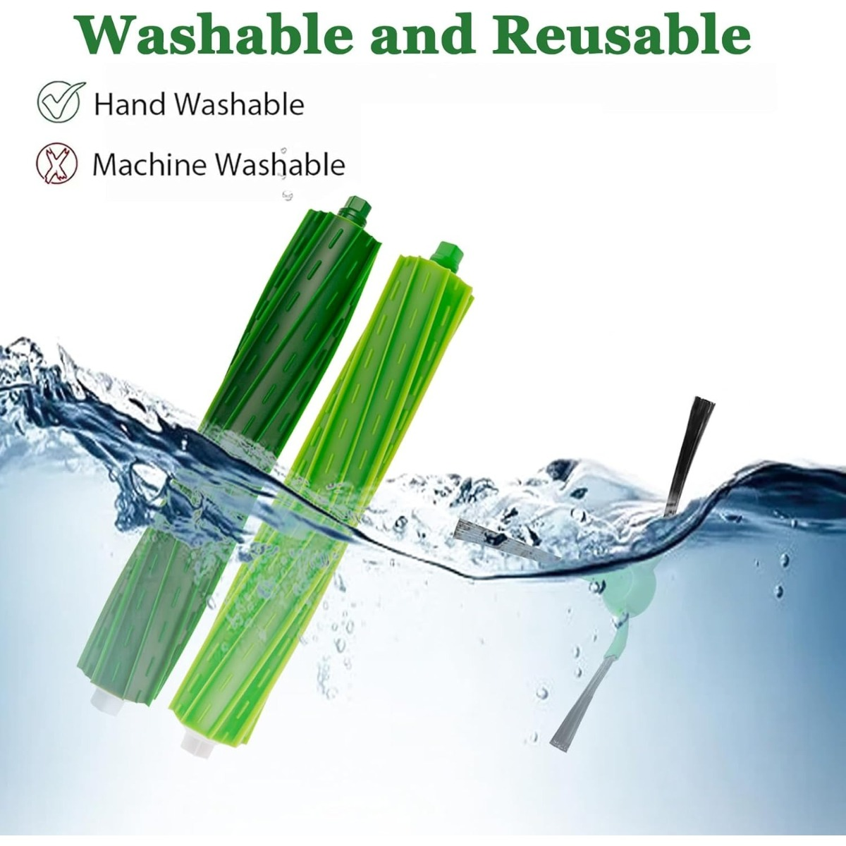 Zwei grüne Bürstenwalzen und eine Seitenbürste in Wasser, waschbar.