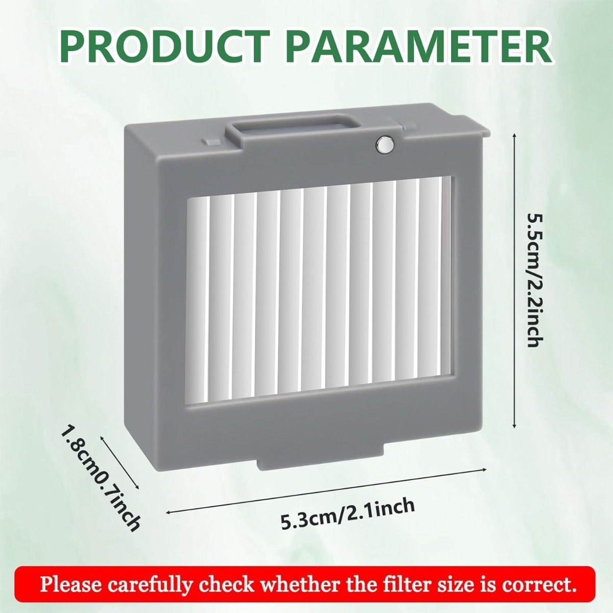 Grauer Filter mit Maßen: 5,5x5,3x1,8 cm. Produktparameter.
