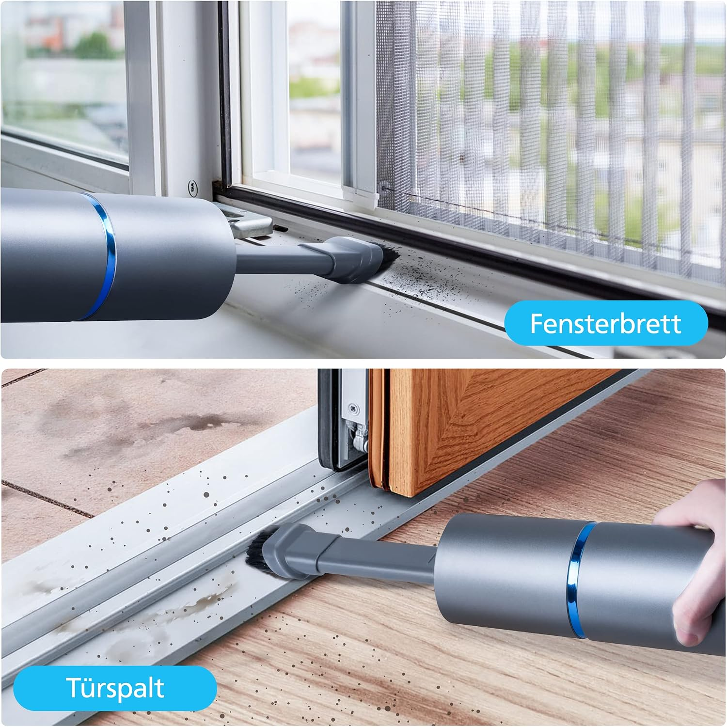 Staubsauger reinigt Fensterbank und Türspalt von Schmutz.