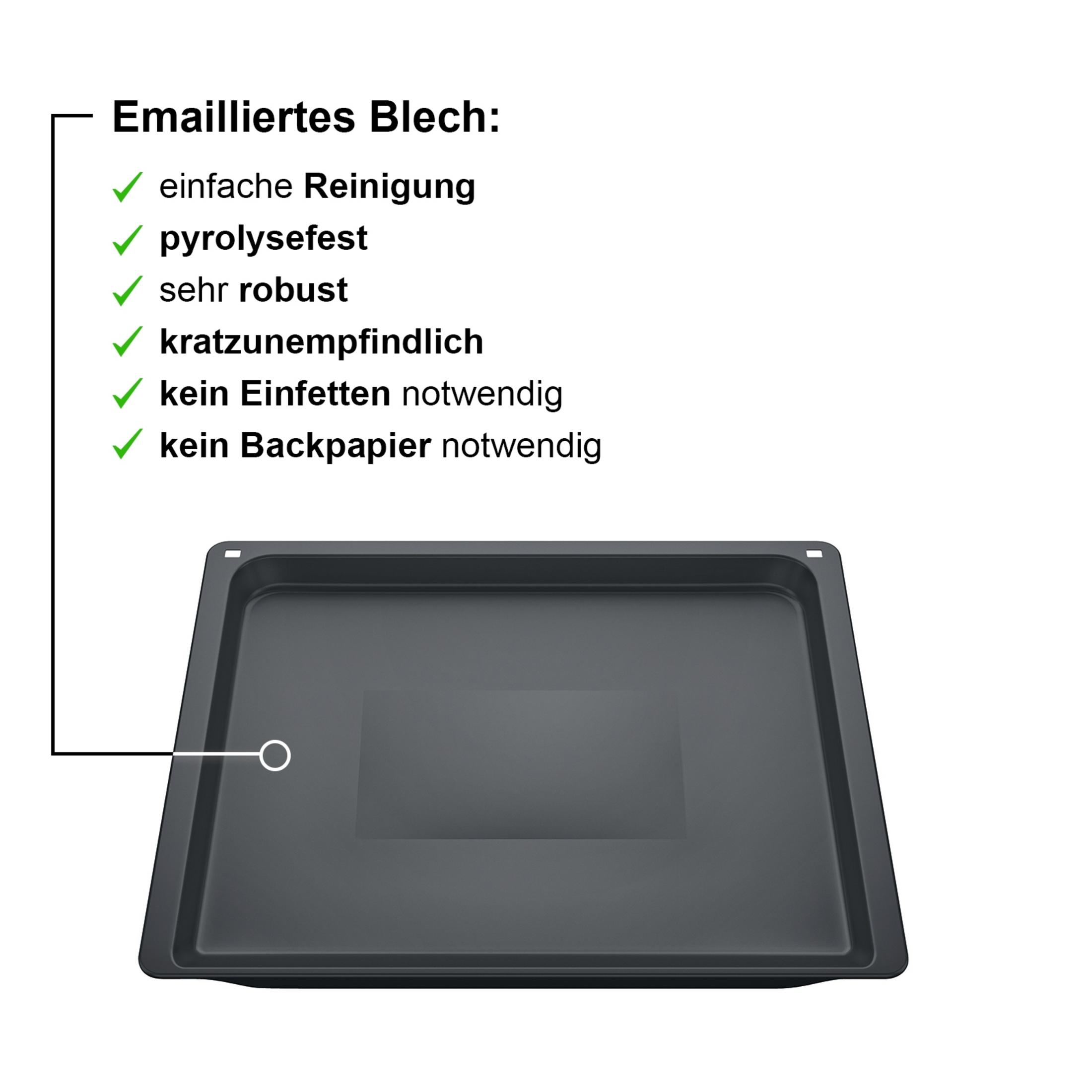 Dunkelgraues emailliertes Backblech mit rechteckiger Vertiefung.