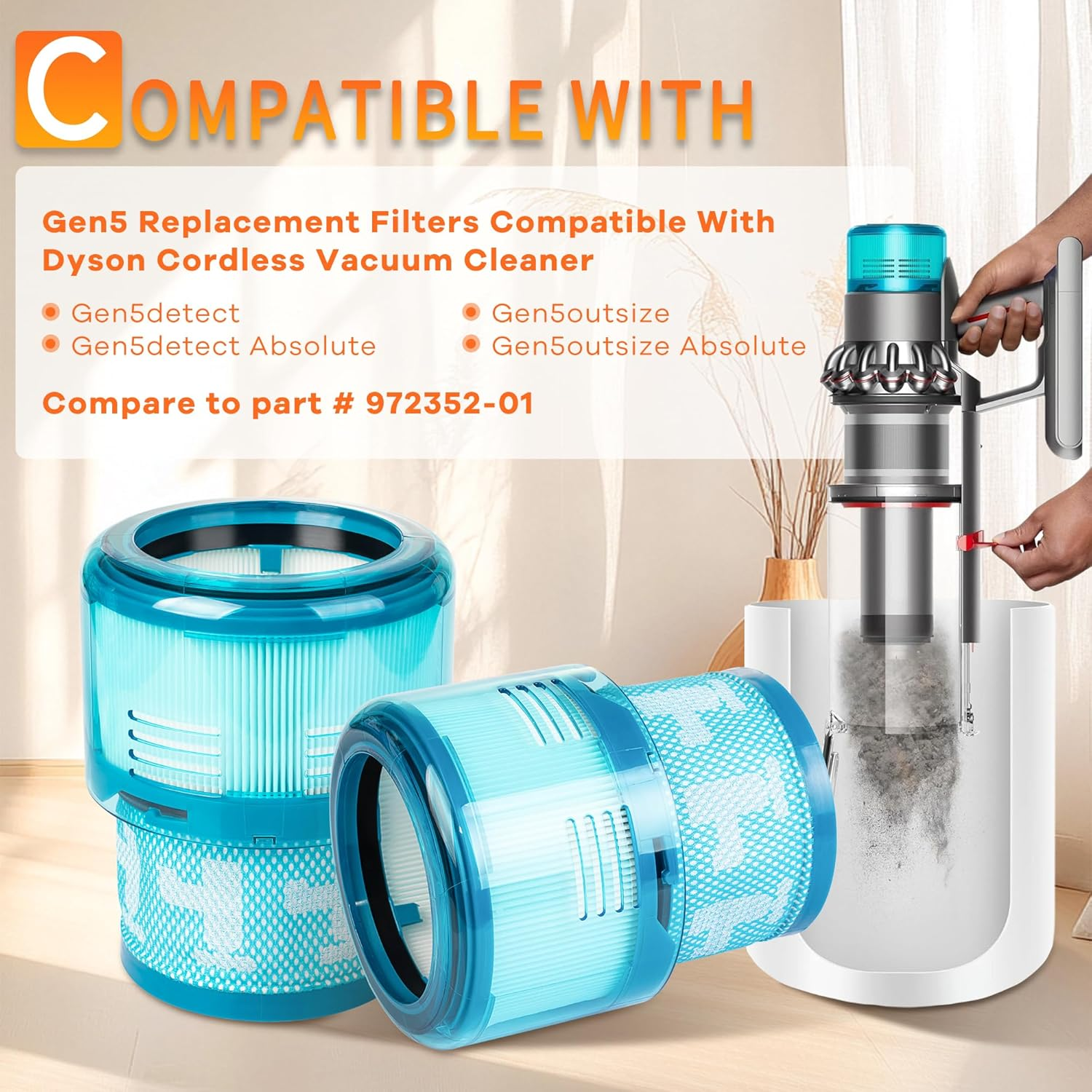 Blaue Staubsaugerfilter und ein Dyson-Staubsauger im Hintergrund.