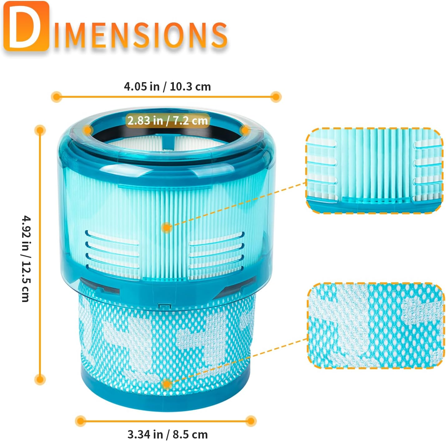 Blauer Vakuumfilter mit Maßen: 10,3 cm breit, 12,5 cm hoch, 8,5 cm tief.