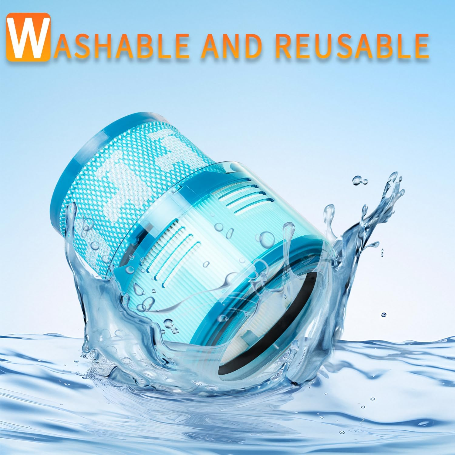 Ein blau-weißes zylindrisches Filterelement wird mit Wasser bespritzt, darüber steht „WASCHBAR UND WIEDERVERWENDBAR“.