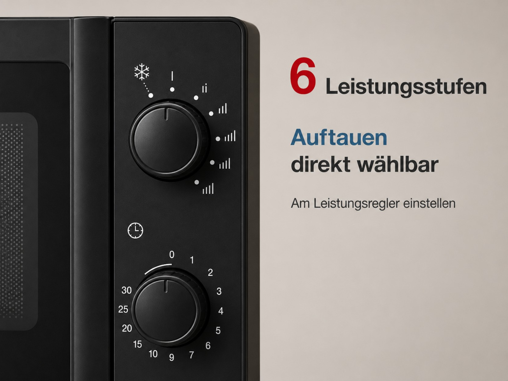 Nahaufnahme des Bedienfelds einer schwarzen Mikrowelle mit zwei Drehreglern und Text.
