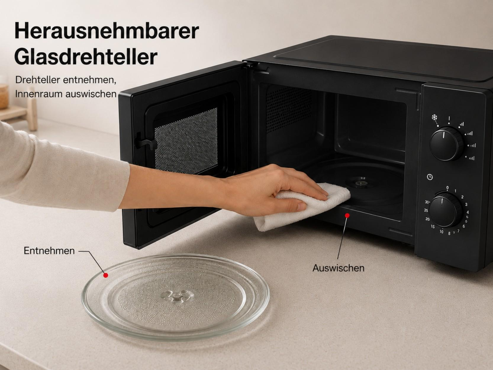 Eine Hand wischt mit einem weißen Tuch das Innere einer schwarzen Mikrowelle aus.
