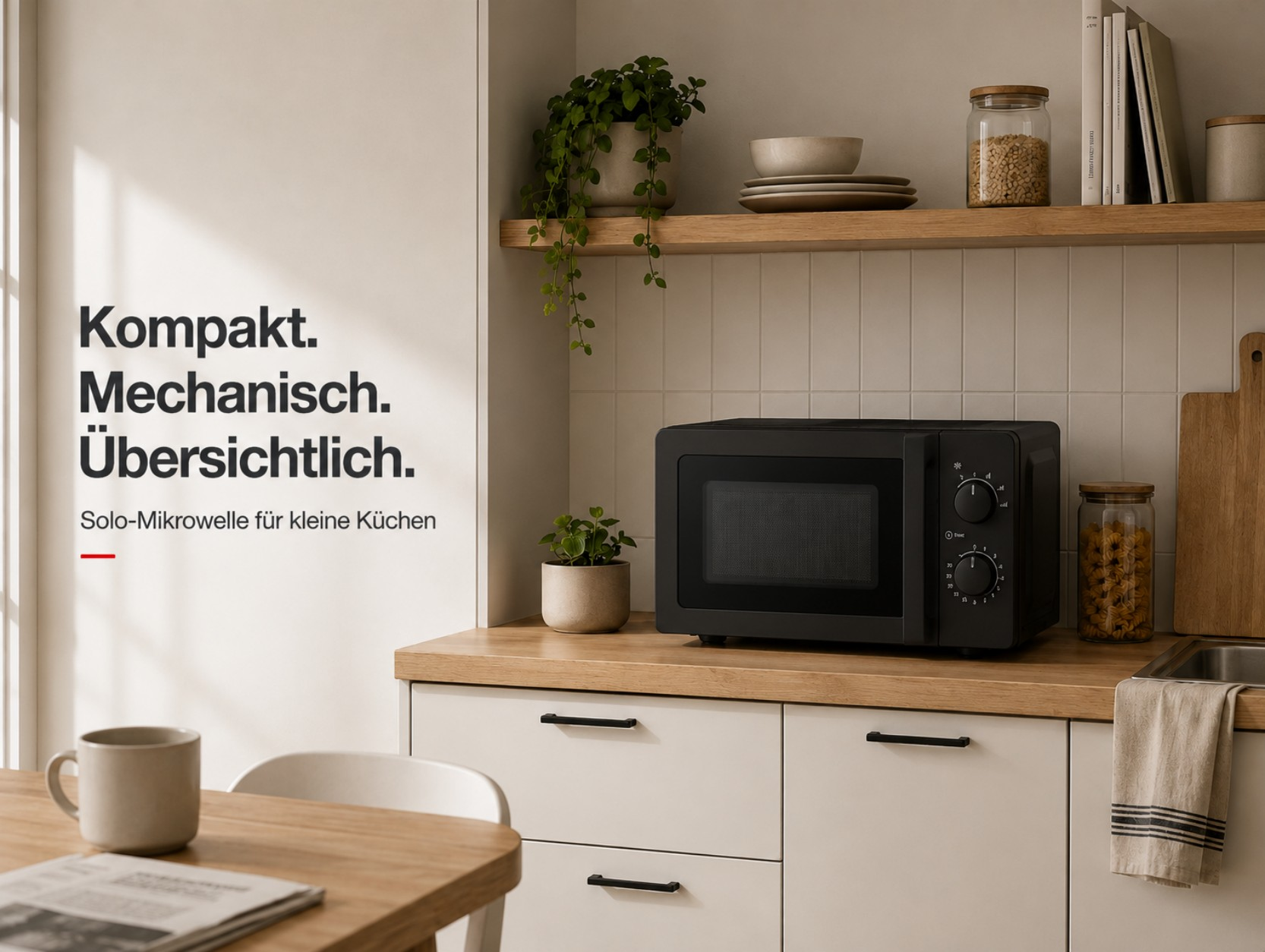 Eine elegante schwarze Mikrowelle auf einer Holztheke in einer minimalistischen Küche mit Textüberlagerung: „Kompakt. Mechanisch. Übersichtlich.“
