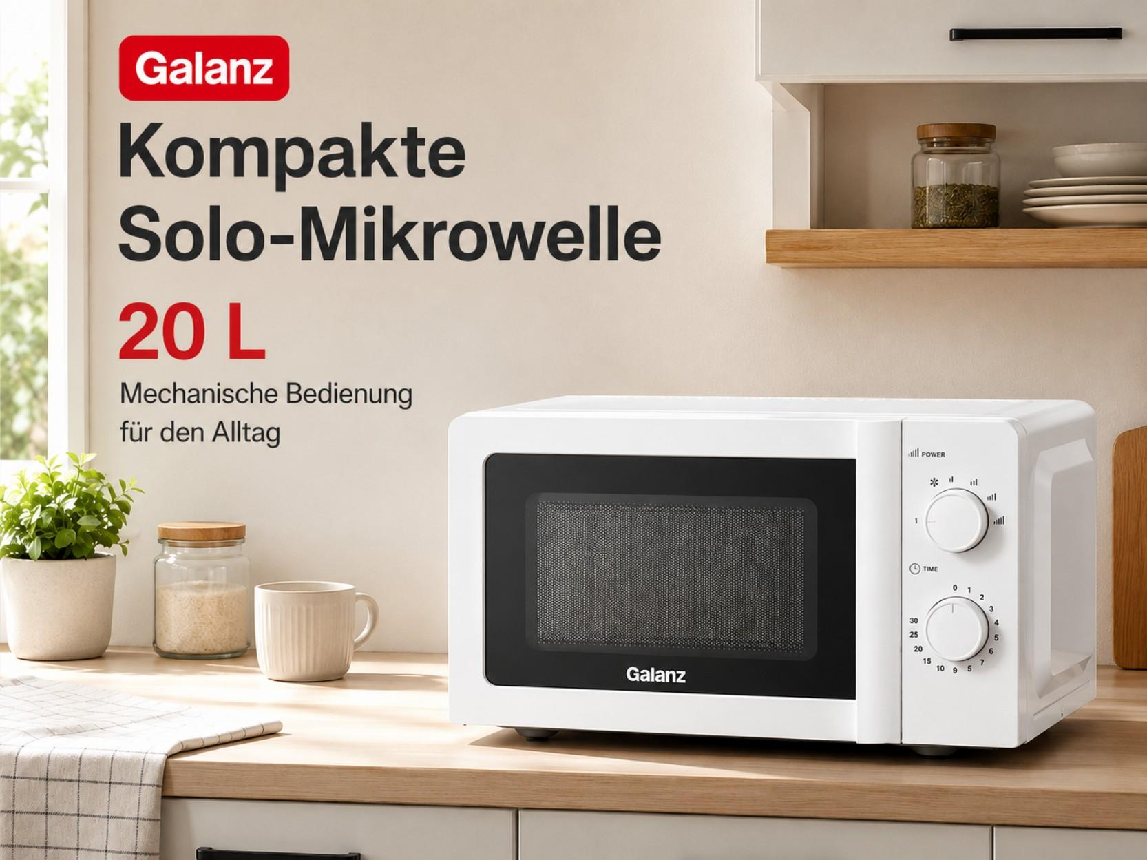 Weiße Galanz Mikrowelle mit zwei Drehreglern auf einer Küchentheke.
