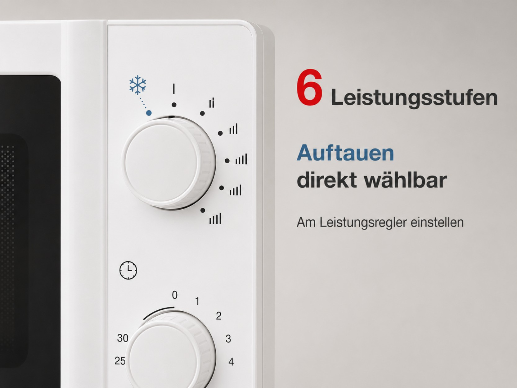 Weiße Mikrowelle mit Bedienelementen und Text 6 Leistungsstufen.