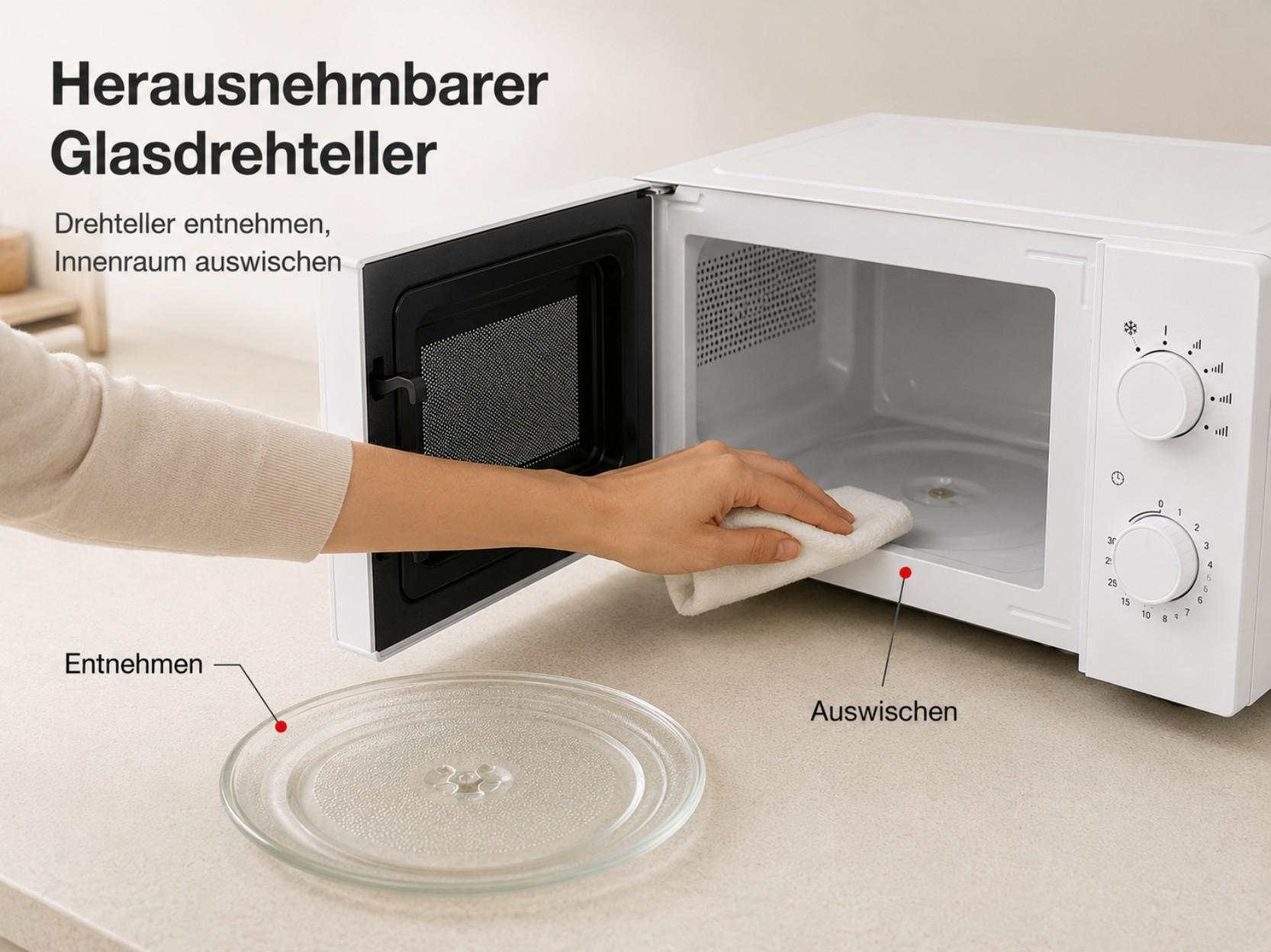 Eine Hand reinigt das Innere einer weißen Mikrowelle mit einem Tuch. Daneben liegt ein Glasdrehteller.