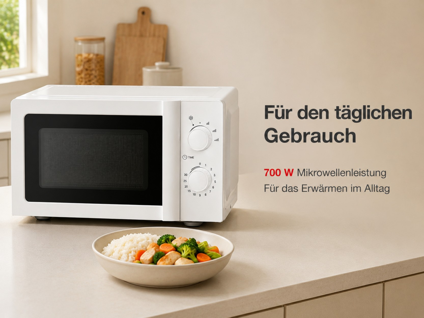 Weiße Mikrowelle mit einer Schüssel Reis und Gemüse daneben.