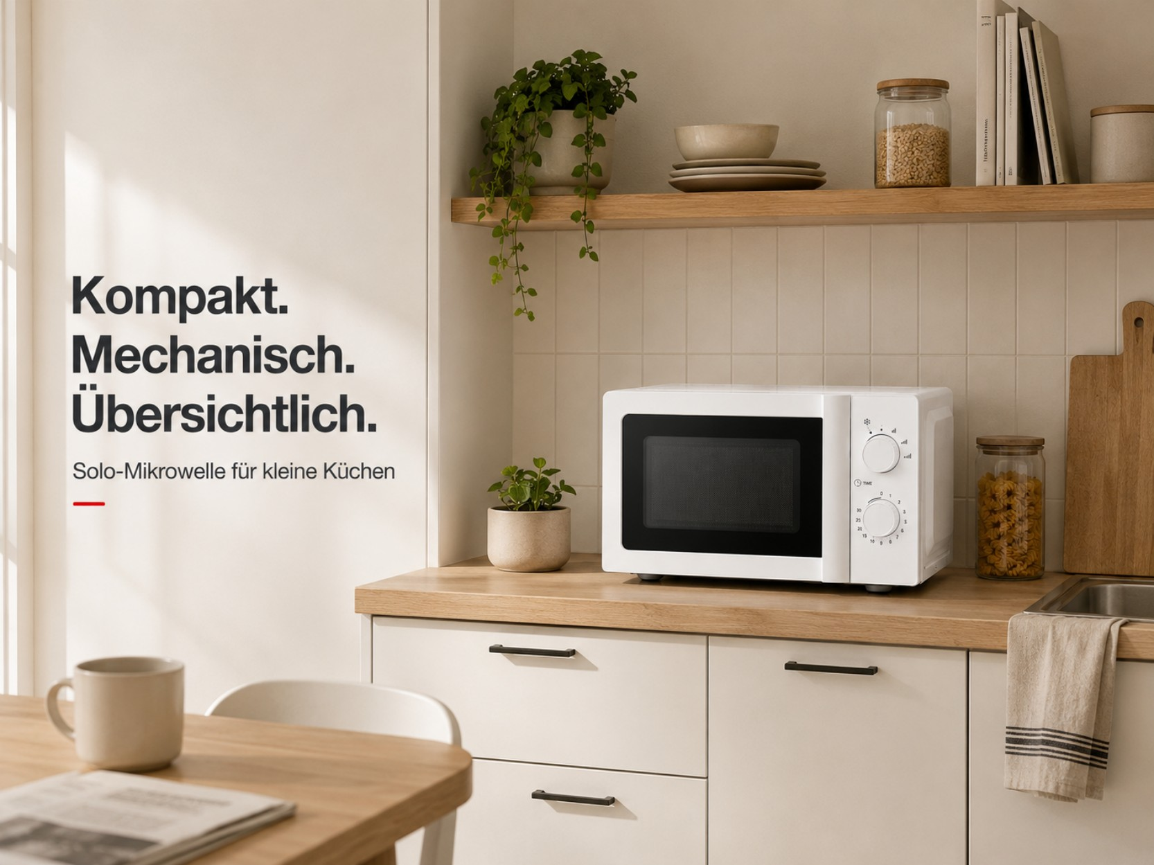 Eine weiße Mikrowelle steht auf einer Arbeitsplatte neben einem Topf mit Pflanzen.