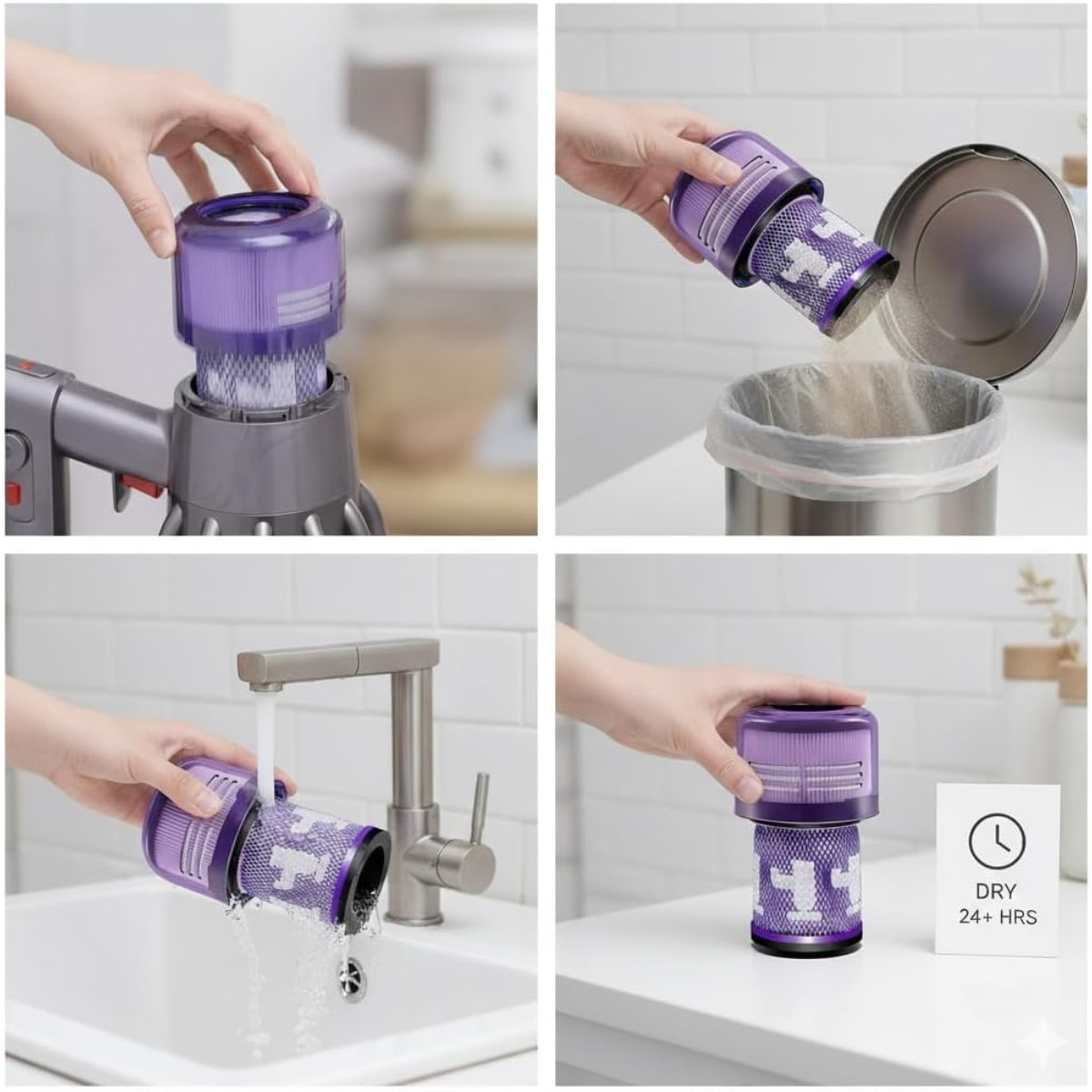 Vier Bilder zeigen die Reinigung eines violetten Vakuumfilters: Einsetzen, Leeren, Waschen, Trocknen.