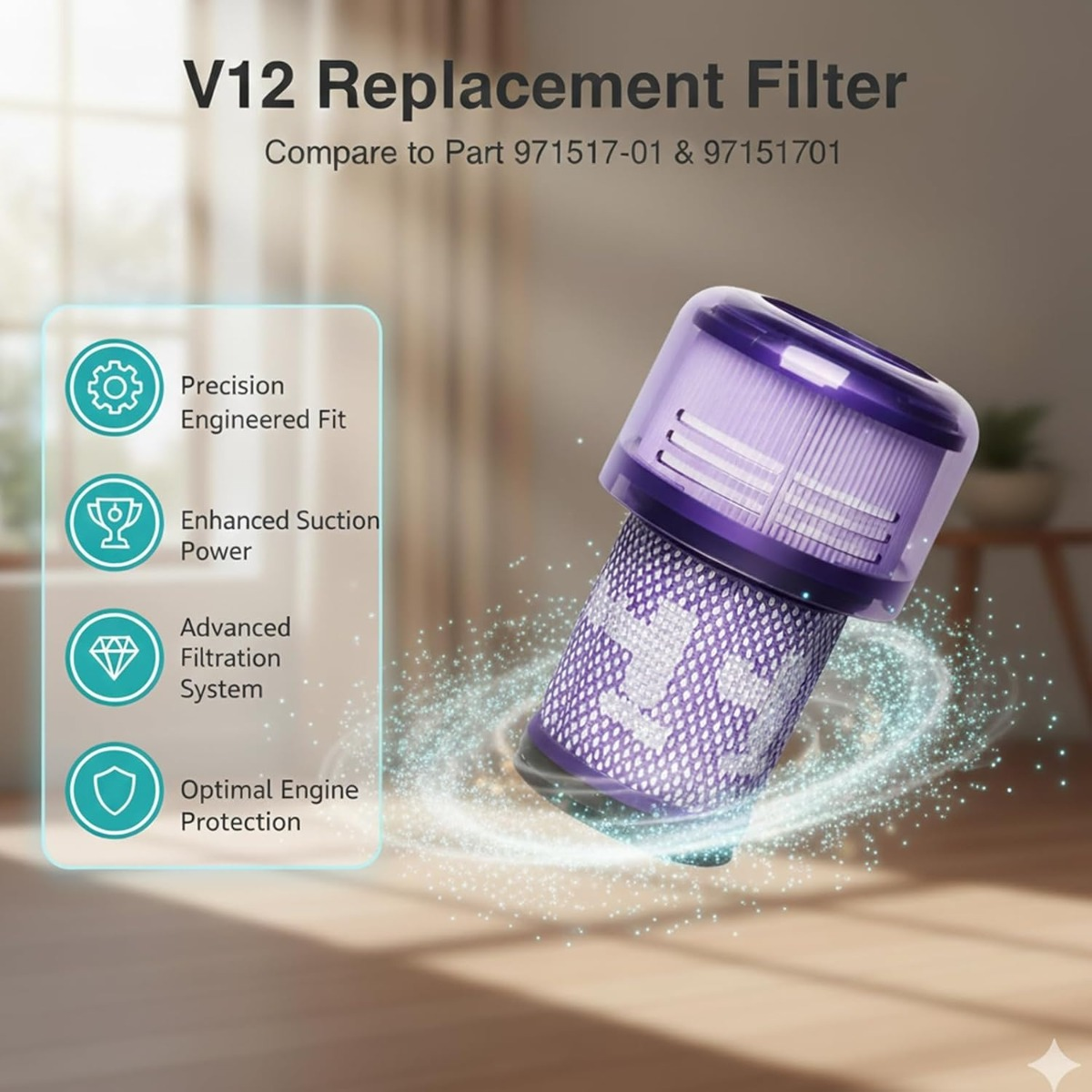 Lila V12 Ersatzfilter für Staubsauger, mit Symbolen für Passform, Leistung, Filtration und Schutz.