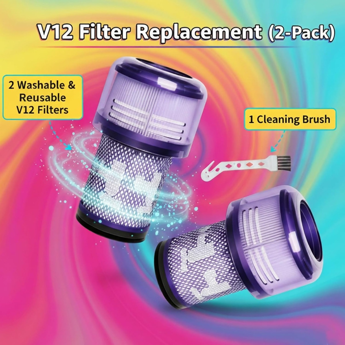 Zwei lila V12-Filter und eine Reinigungsbürste auf buntem Hintergrund.