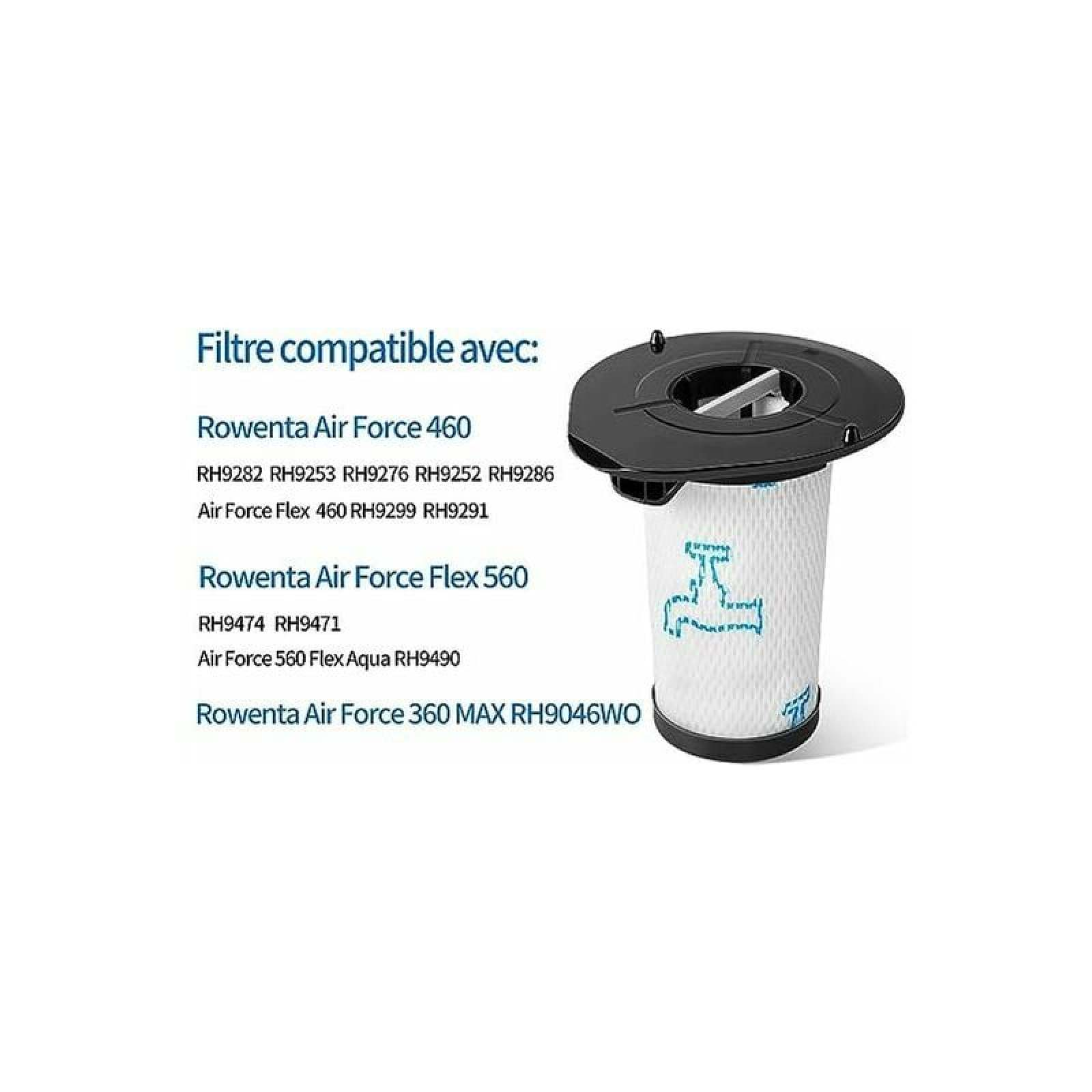 Ein weißer Vakuumfilter mit schwarzem Deckel und blauen Symbolen.