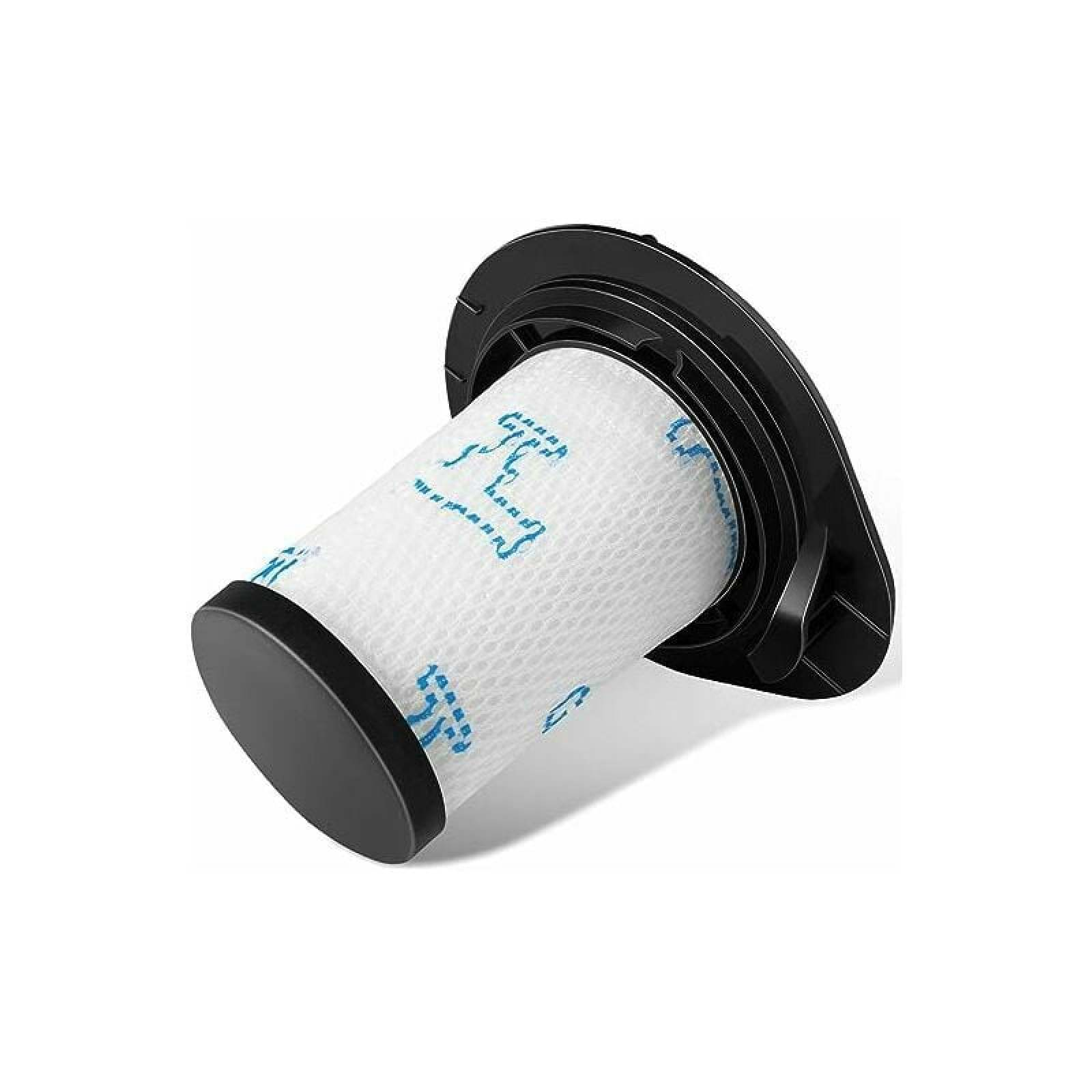 Ein weißer Vakuumfilter mit blauen Mustern und schwarzem Gehäuse.