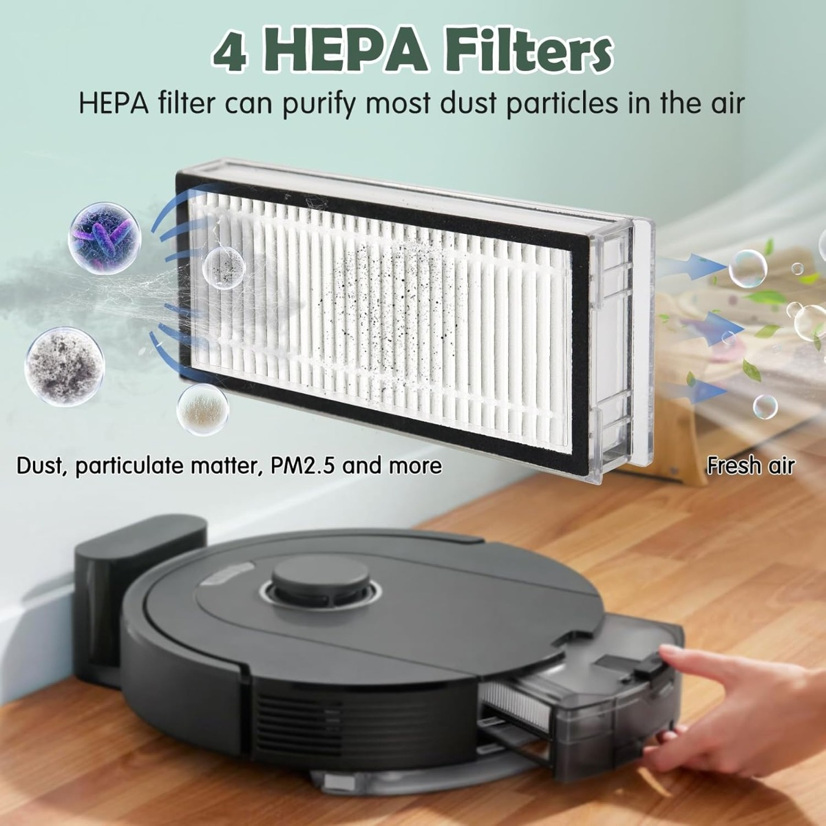 Ein HEPA-Filter reinigt die Luft von Staub und PM2,5. Ein Saugroboter wird gezeigt.