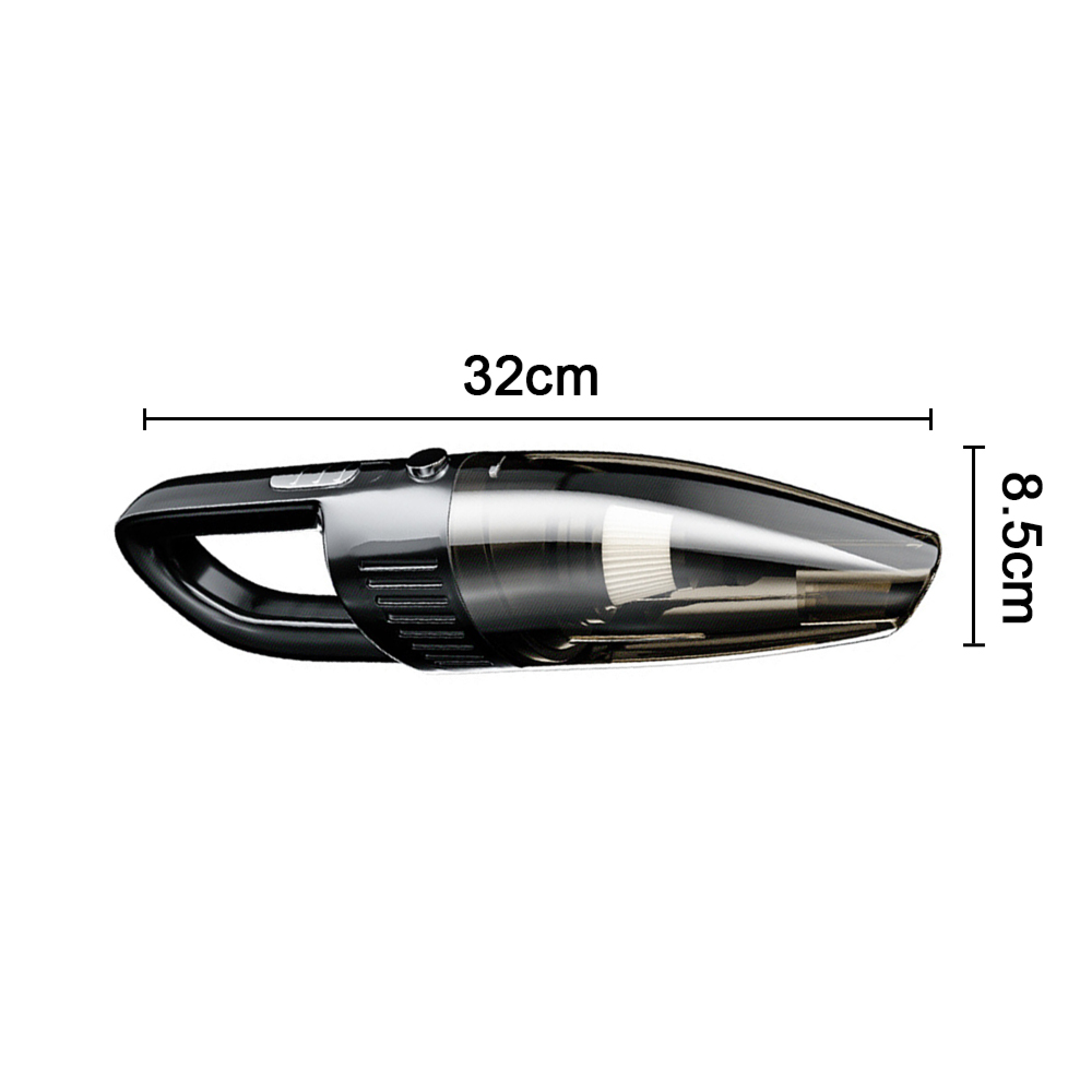 Schwarzer Handstaubsauger, 32cm lang, 8.5cm breit.
