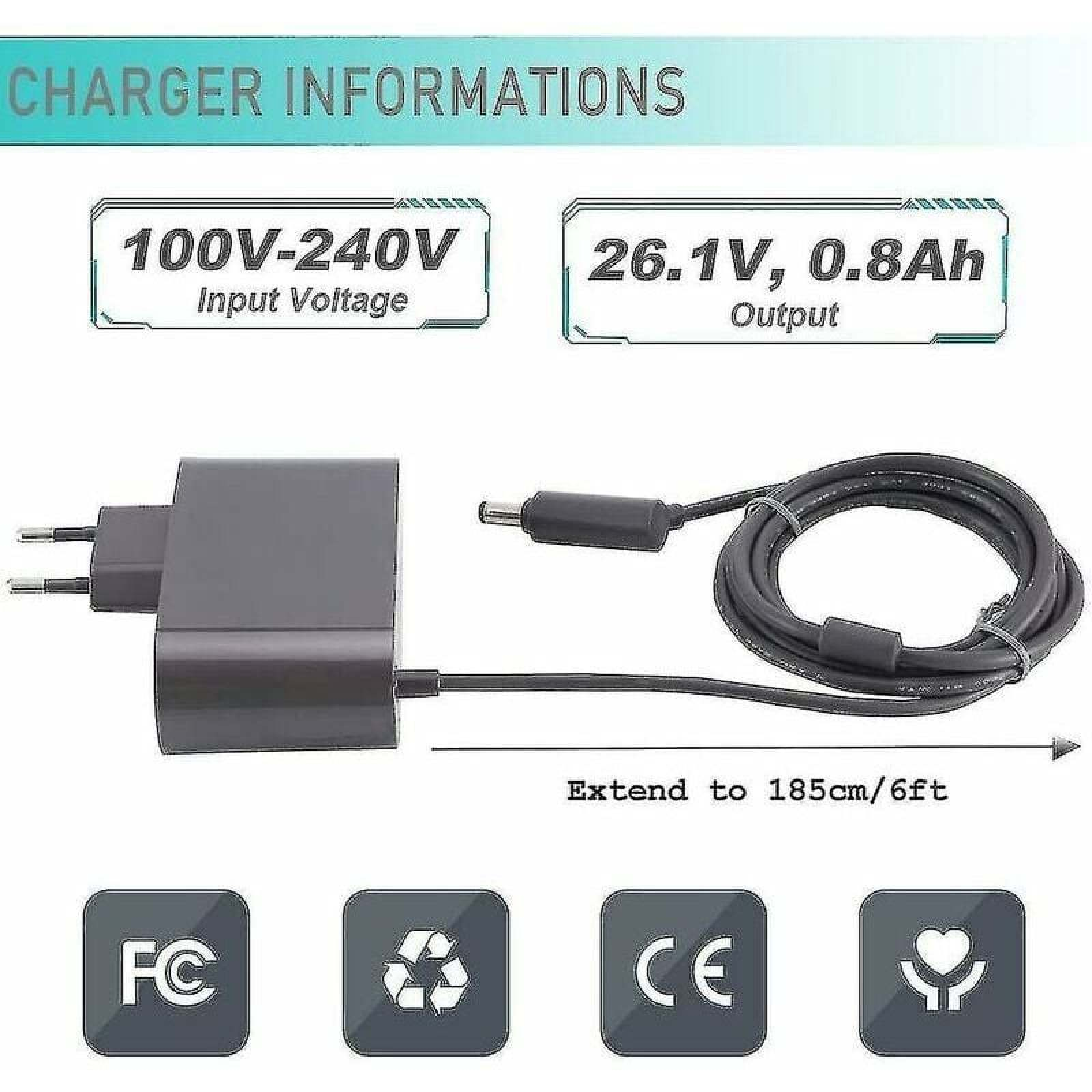 Ladegerät mit 100-240V Eingangsspannung, 26.1V/0.8Ah Ausgang. Kabel bis 185cm ausziehbar.