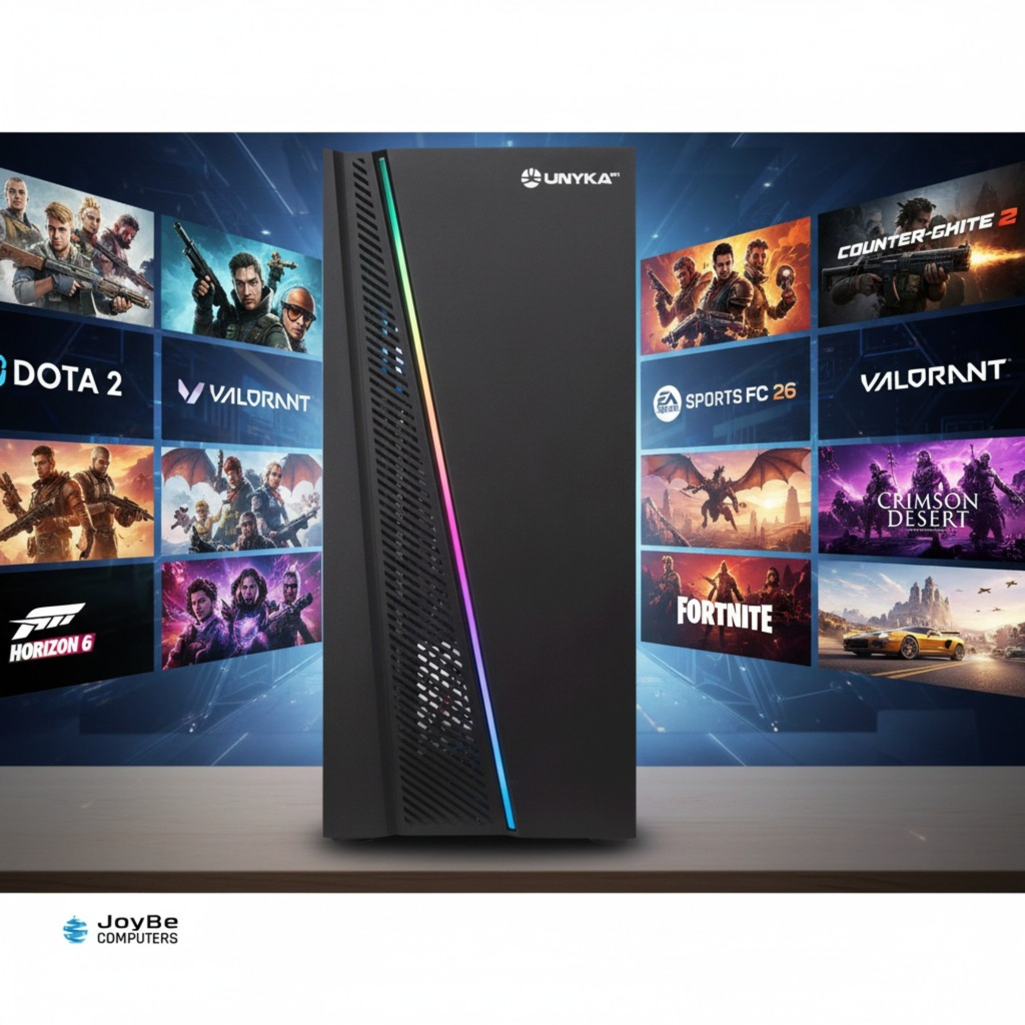 Una torre de PC Unyka negra con iluminación RGB, rodeada de arte de juegos: Dota 2, Valorant, FC 26, Fortnite.