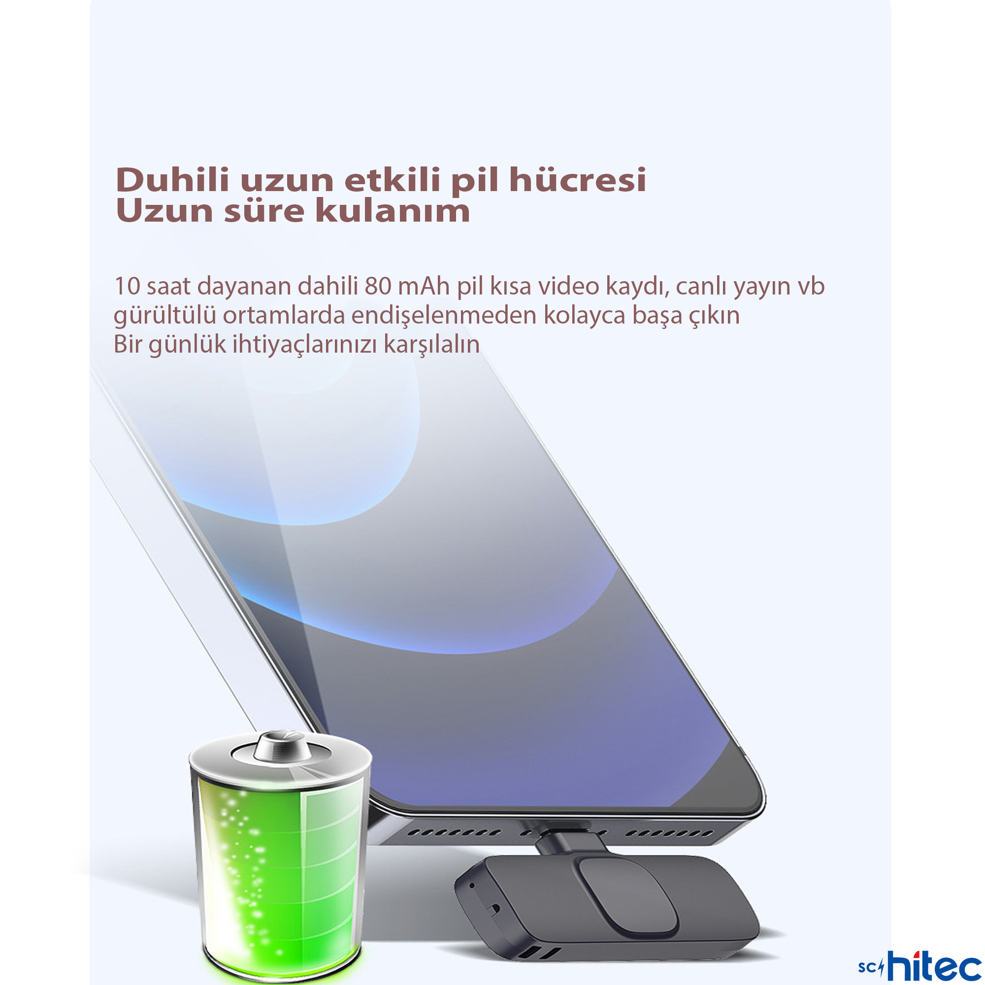 Bir pil ve ona takılı küçük bir cihazı olan akıllı telefon.