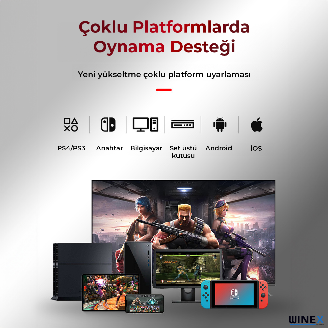 Oyun cihazları: PlayStation, Nintendo Switch, PC, Android ve iOS cihazları, ekranlarda oyunlar gösteriliyor.