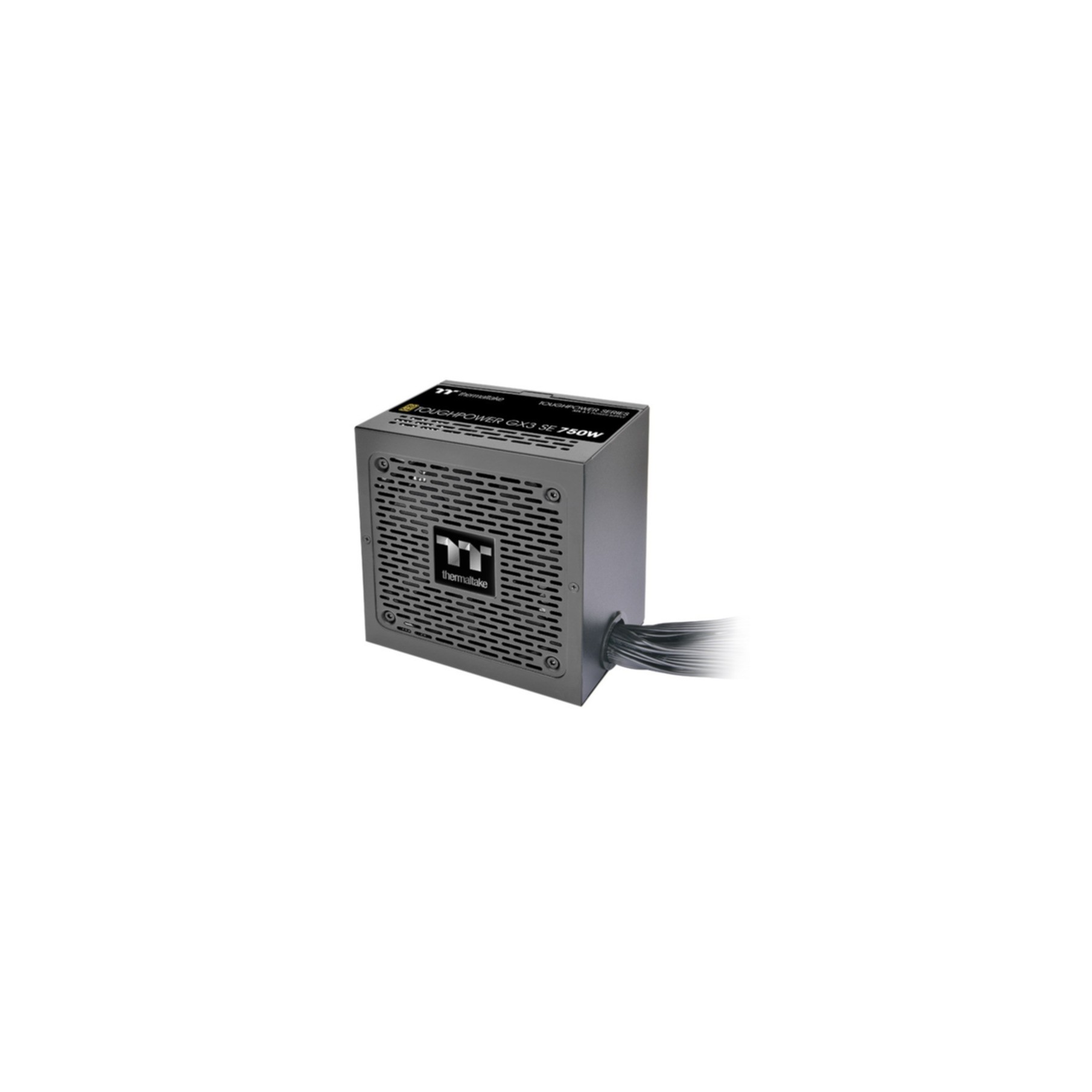 Ein graues Thermaltake Netzteil mit Kabeln, das TOUGHPOWER GX3 SE 750W Modell.
