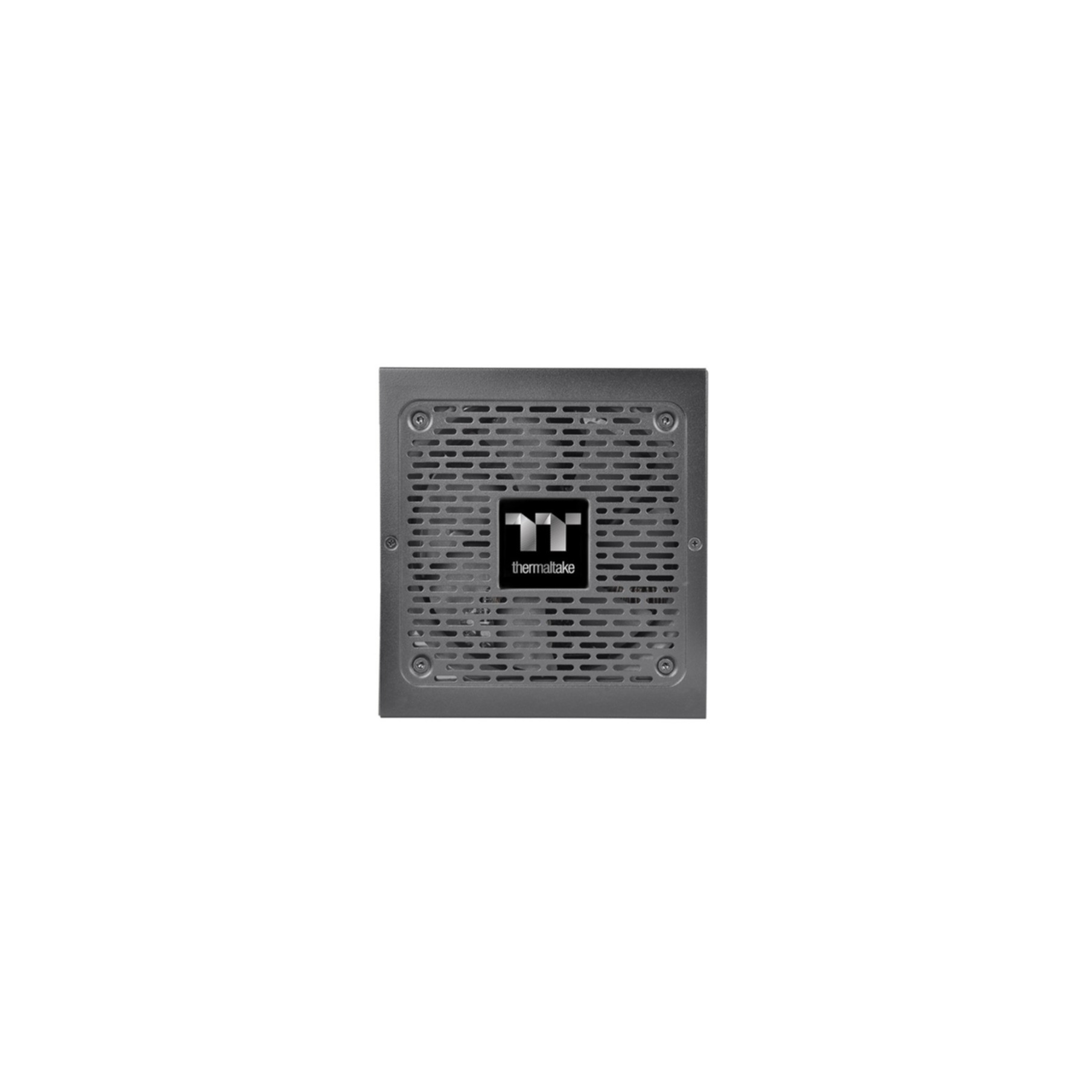 Graue Thermaltake-Stromversorgungseinheit mit Lüftungsgitter und Logo.