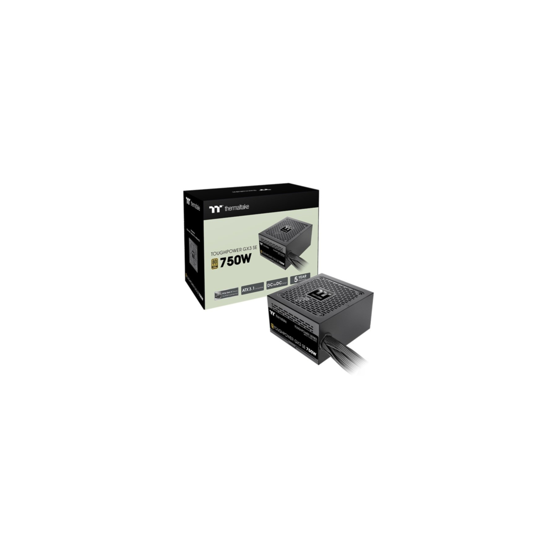 Ein schwarzes Thermaltake Netzteil mit 750W, neben seiner Verpackung.