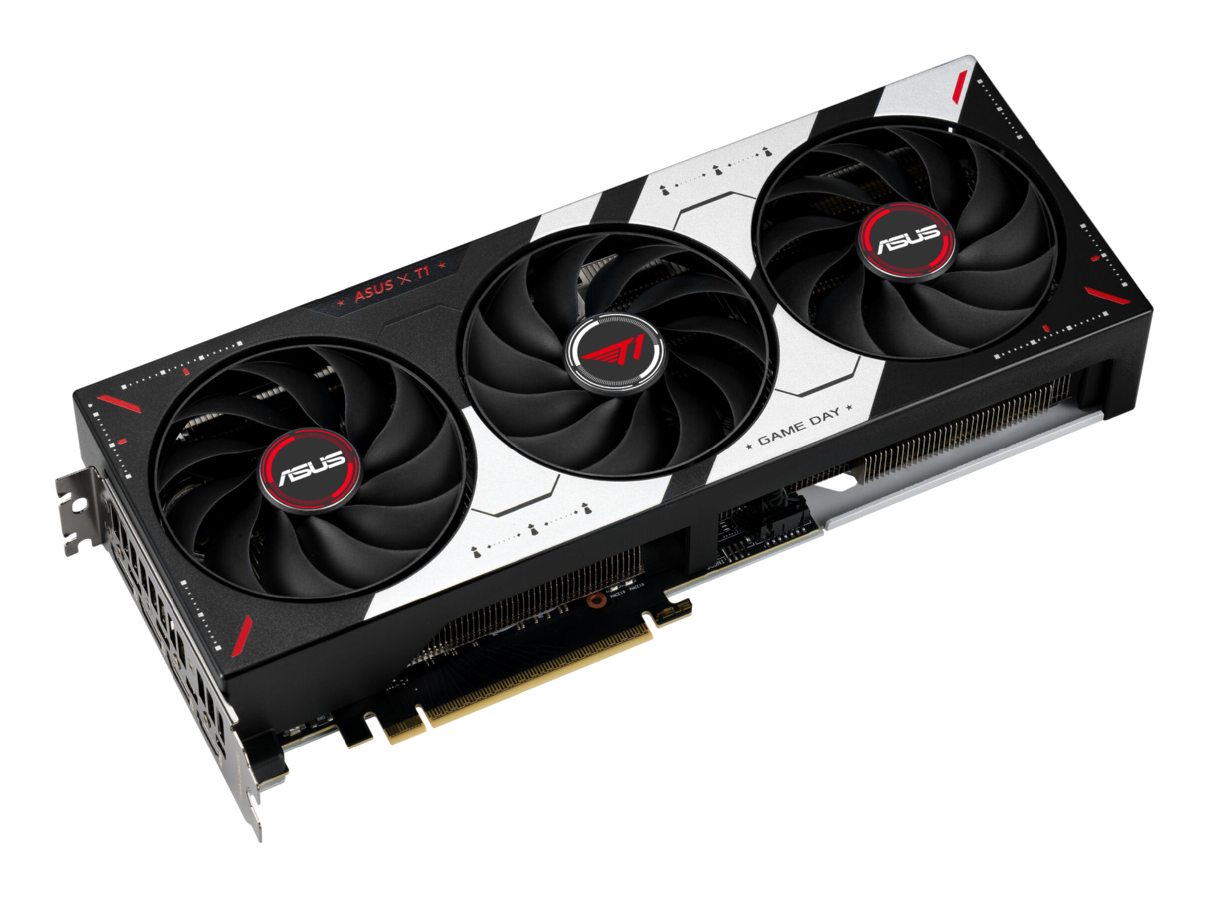 Ein schwarzer ASUS Gaming-Grafikprozessor mit drei Lüftern und roten Akzenten.