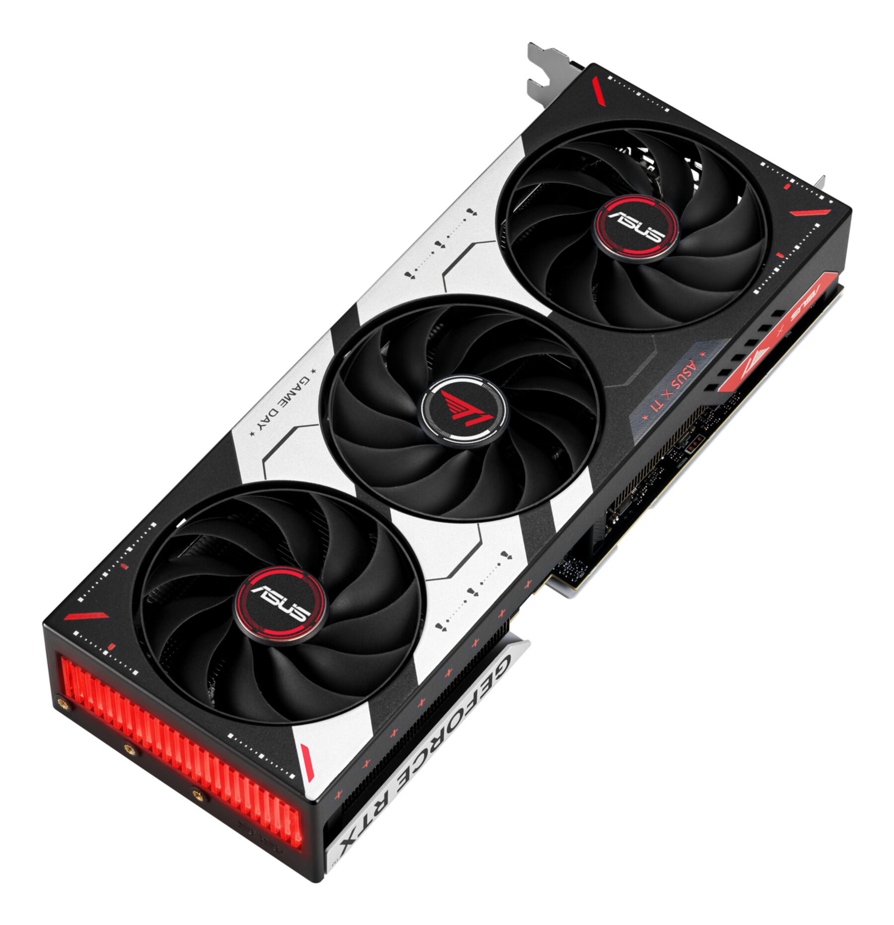 Eine ASUS ROG Strix RTX 4080 Grafikkarte mit drei Lüftern und RGB-Beleuchtung.