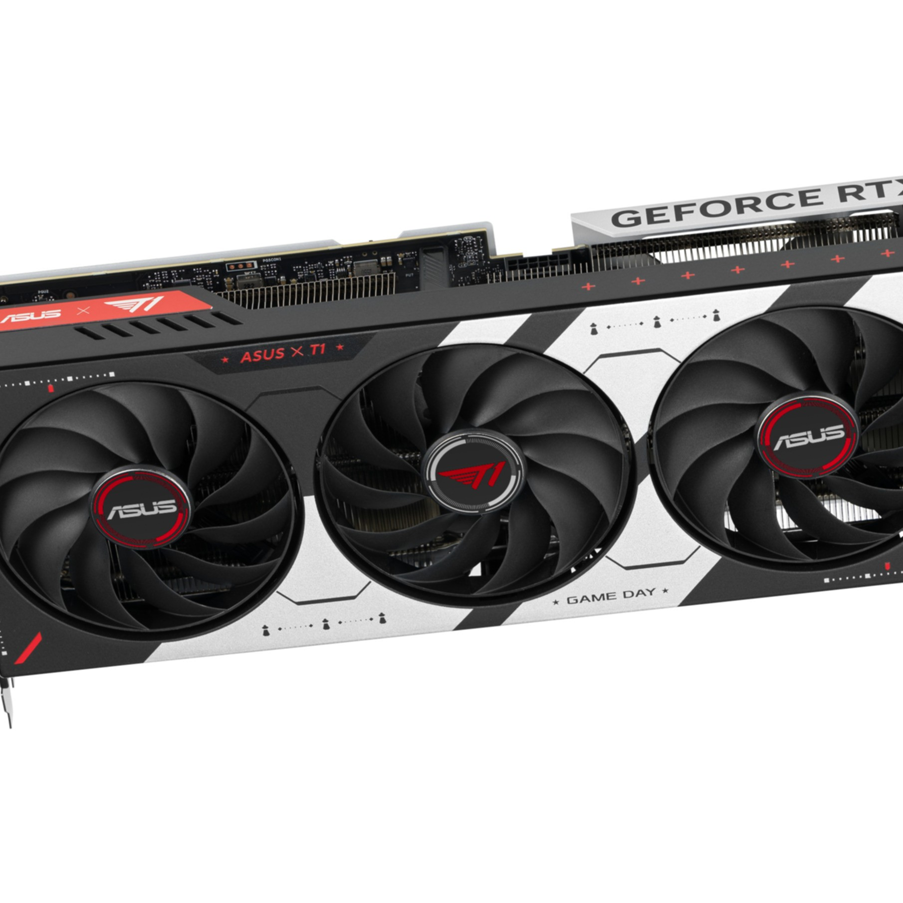 Ein schwarzes ASUS Gaming-Grafikkarte mit drei Lüftern und weiß-schwarzem Design.