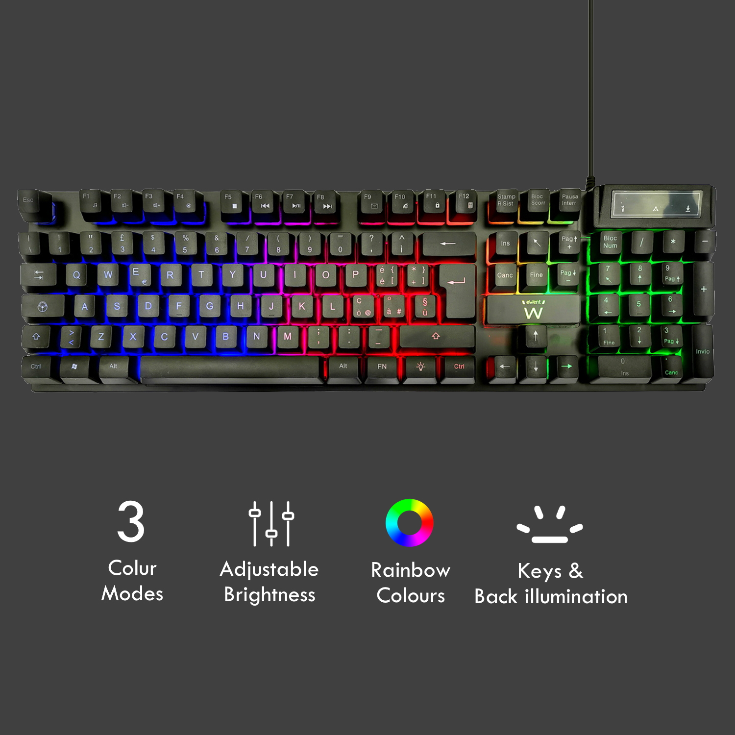 Una tastiera nera con retroilluminazione RGB e un piccolo schermo LCD.