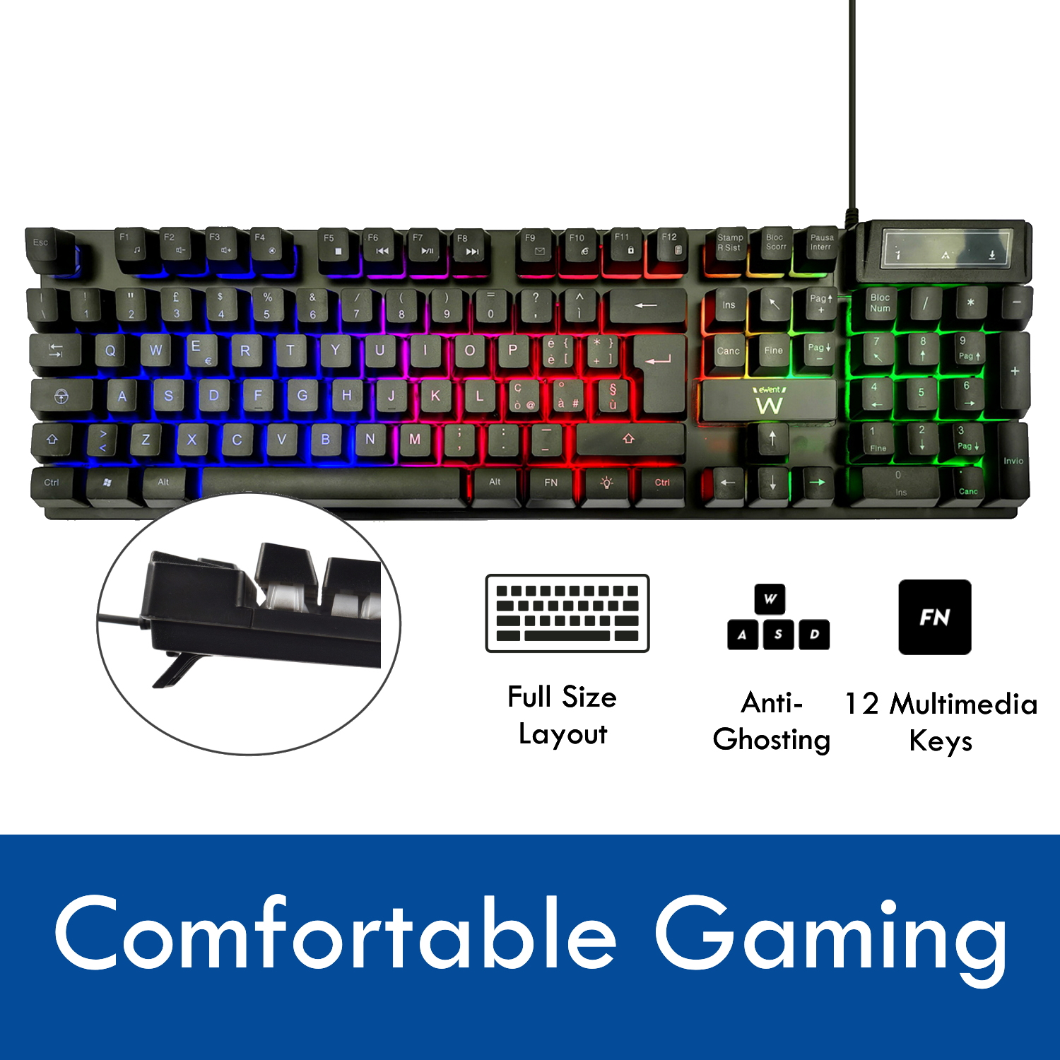 Tastiera gaming con illuminazione RGB, full size, anti-ghosting e tasti multimediali.