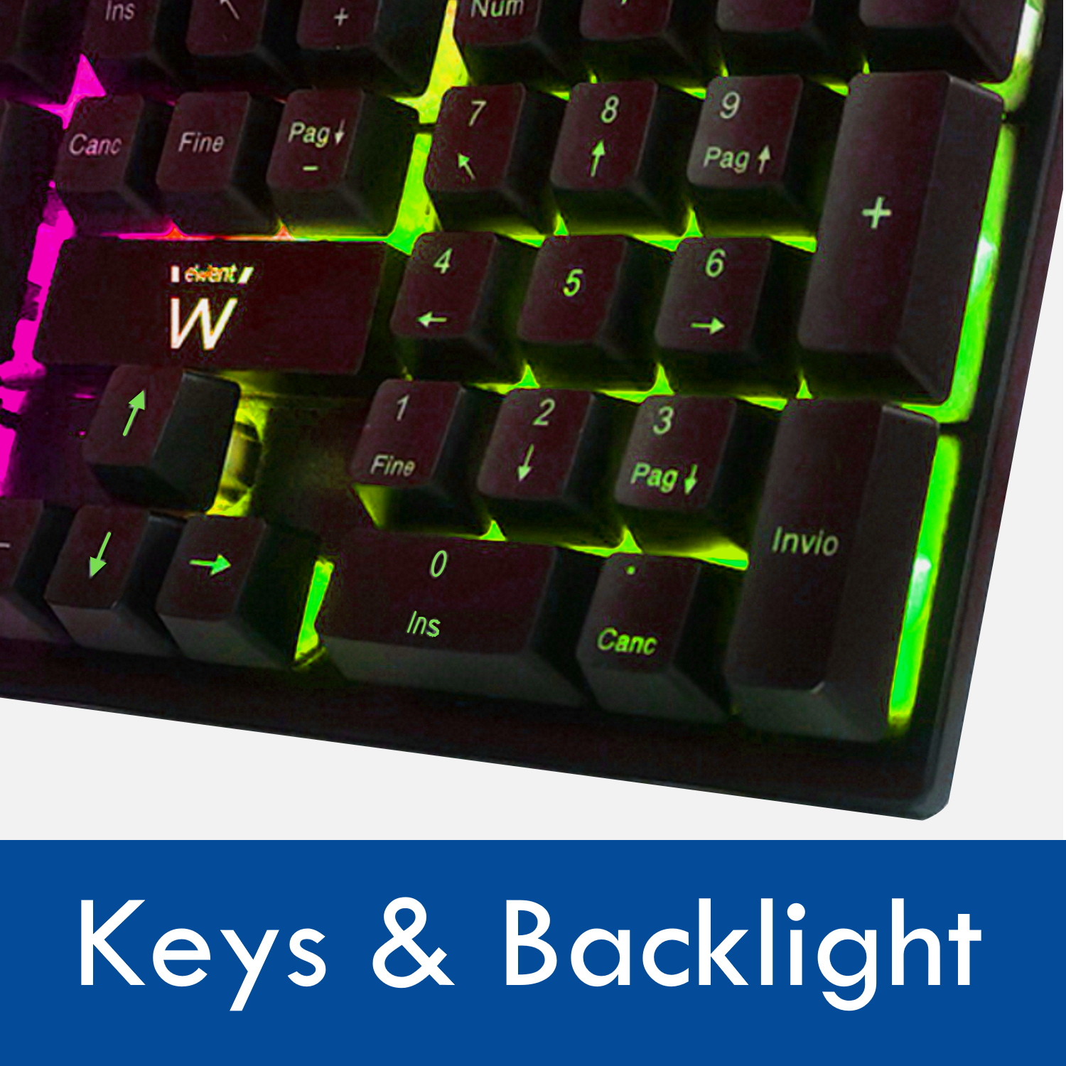 Tastiera nera con retroilluminazione RGB colorata sui tasti. Il tasto 'W' è prominente.