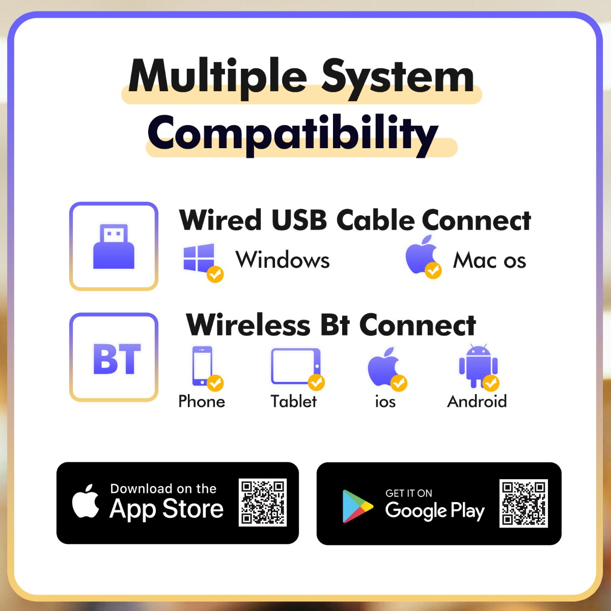 Grafica di compatibilità: Connessione USB cablata e BT wireless per Windows, Mac, Telefono, Tablet, iOS, Android.
