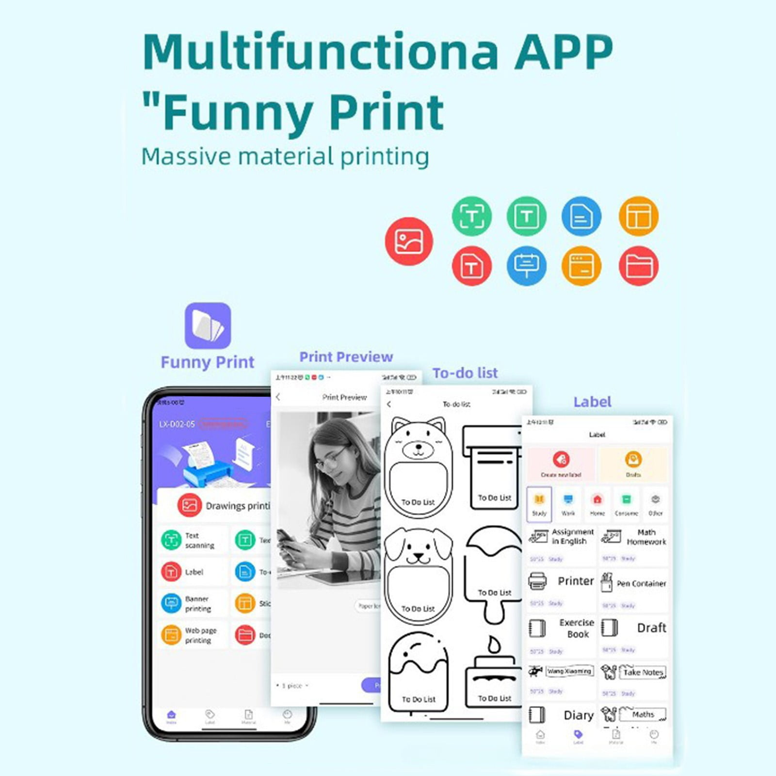App-Screens: Multifunktions-App 'Funny Print', Druckvorschau, To-Do-Liste, Etikett.