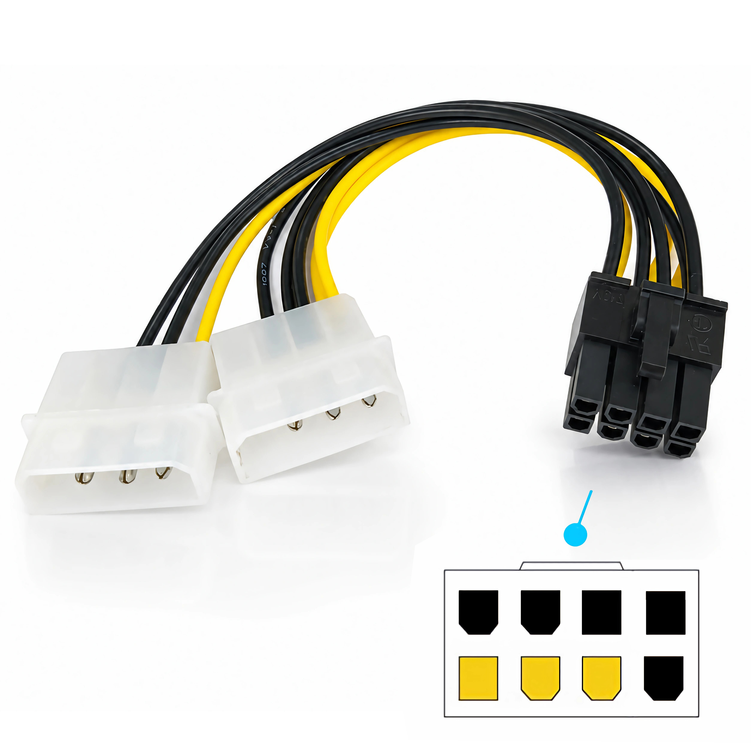 Ein Adapterkabel mit schwarzen und gelben Kabeln, das von weißen und schwarzen Anschlüssen ausgeht.