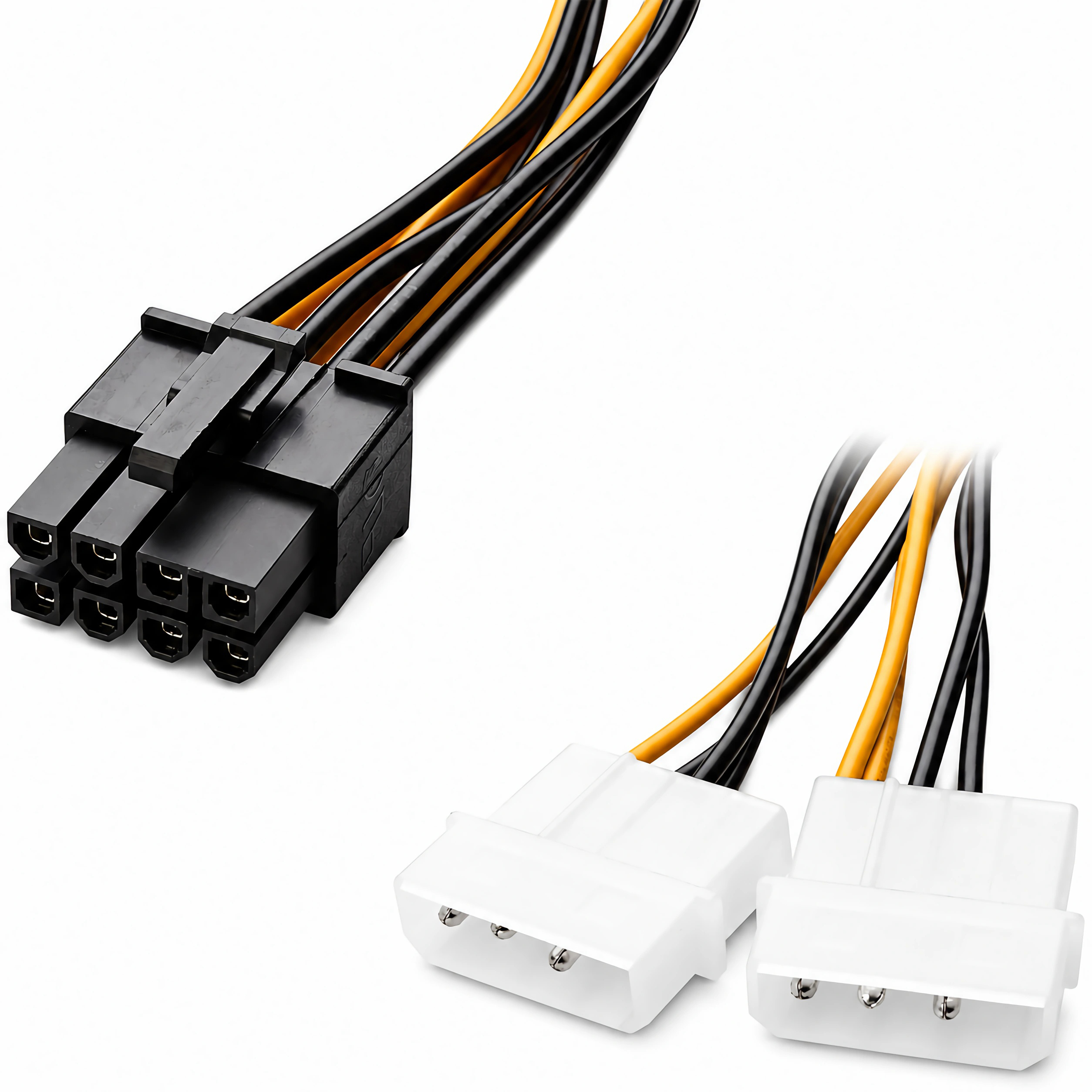 Ein schwarzer 8-Pin-GPU-Stromanschluss und zwei weiße 4-Pin-Molex-Stromanschlüsse mit gelben und schwarzen Kabeln.