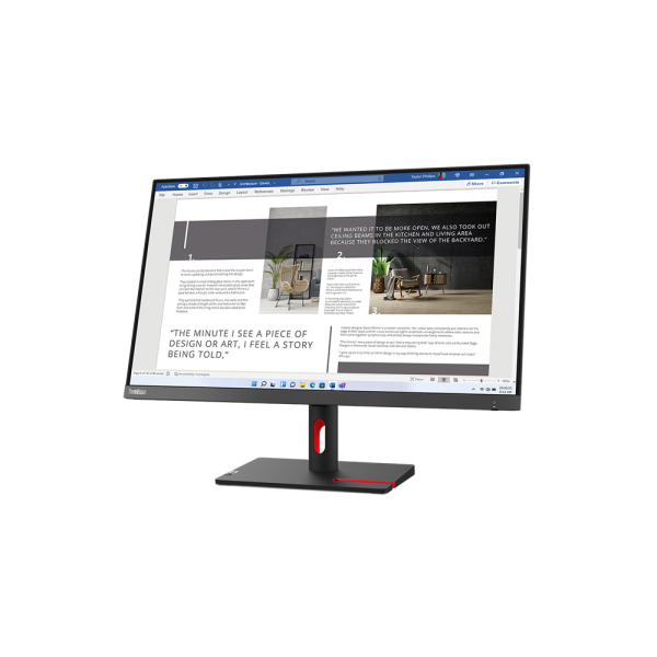 Un monitor mostra un documento con immagini di interior design e testo.