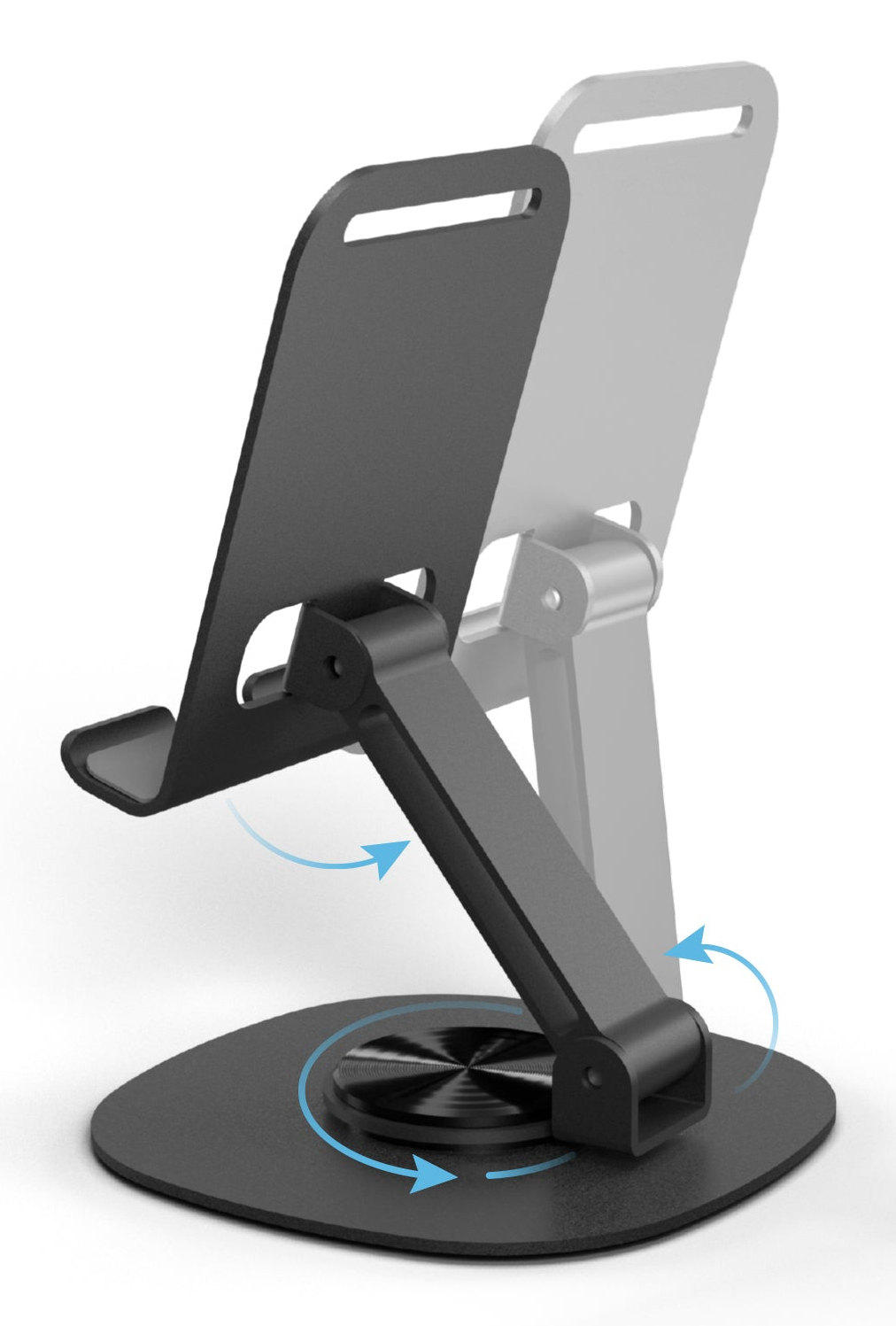 Un soporte negro ajustable para tableta con base giratoria sobre fondo blanco.
