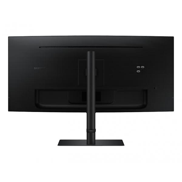 Vista posteriore di un monitor nero con supporto e porte.